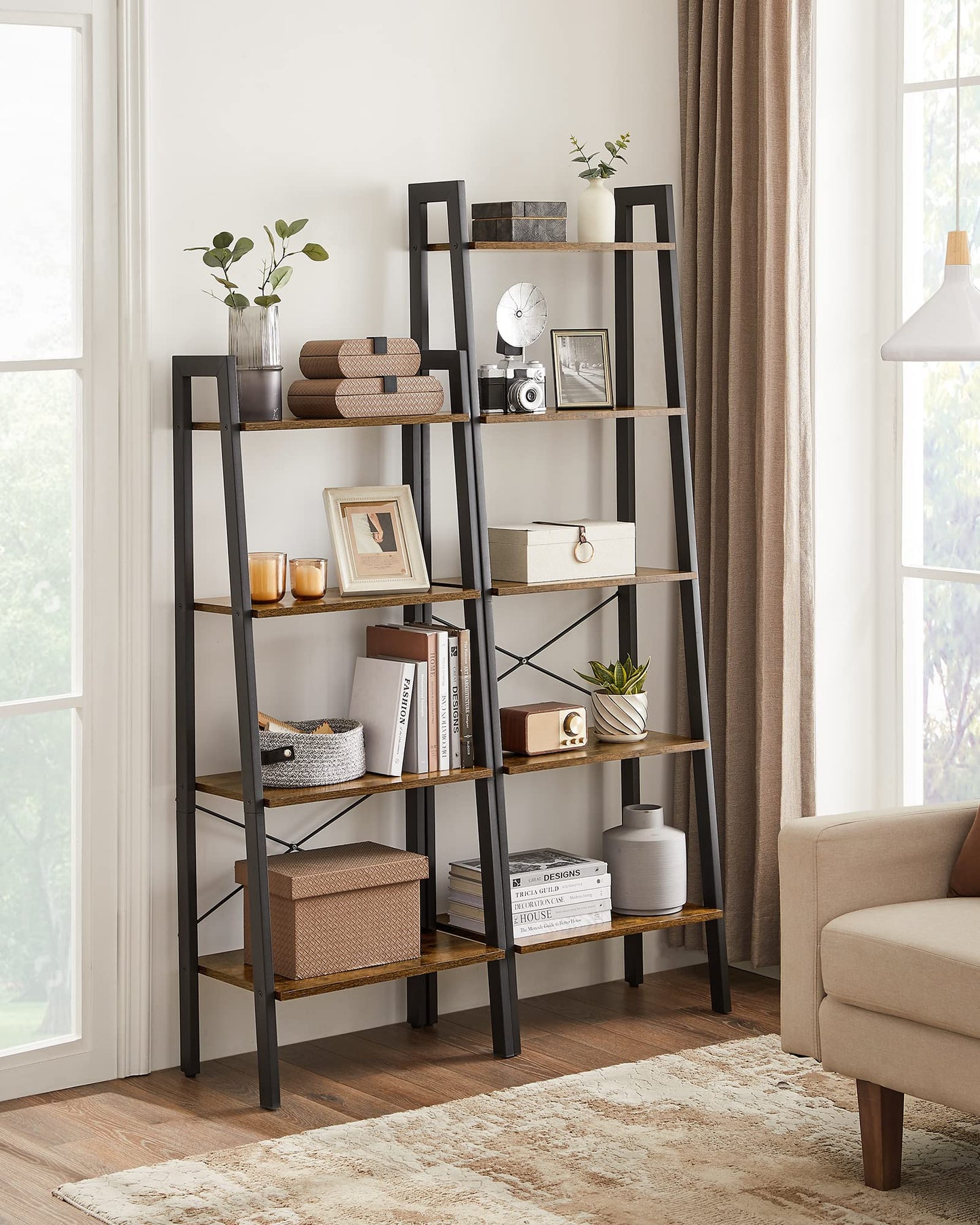 VASAGLE Ladder Shelf, 4-Tier Bookshelf, Storage Rack, Bookcase with Steel Frame, for Living Room, Home Office, Kitchen, Bedroom, Industrial Style, Rustic Brown and Ink Black ULLS44X