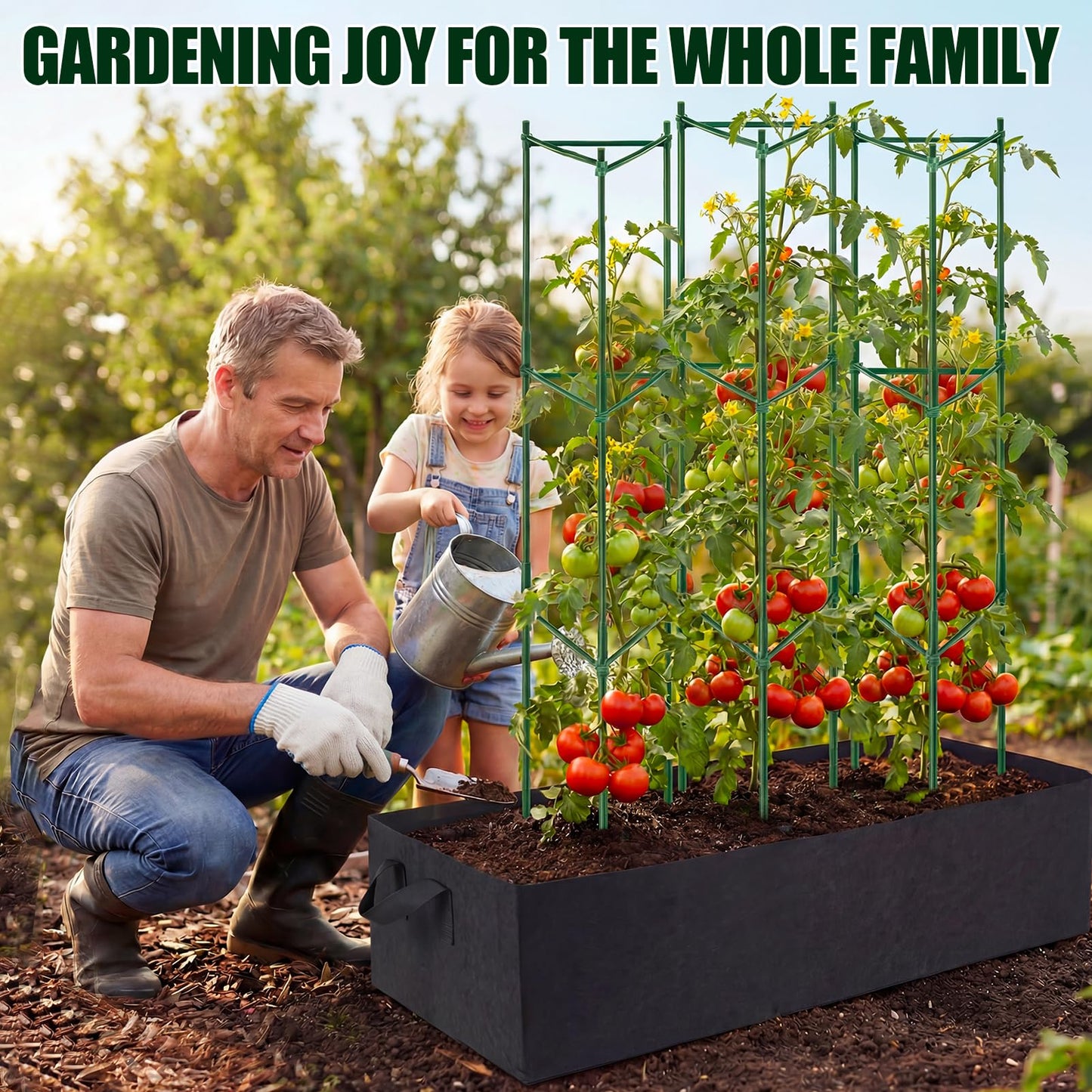 BobbleT 3 Pack Heavy Duty Tomato Cages with 57 Gallon Grow Bag, 48" Adjustable Tomato Trellis for Raised Garden Bed, Sturdy Triangle Plant Support for Climbing Vegetables, Cucumbers & Garden Plants