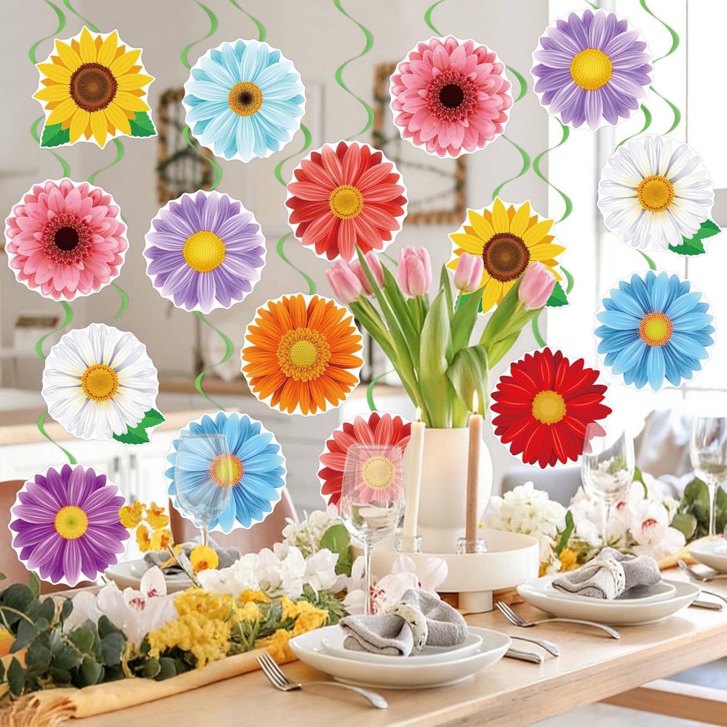 40Pcs Spring Flowers Hanging Swirl Decorations, Spring Summer Party Ceiling Hanging Swirls Floral Swirls Streamers for Springtime Easter Birthday Wedding Party Decor