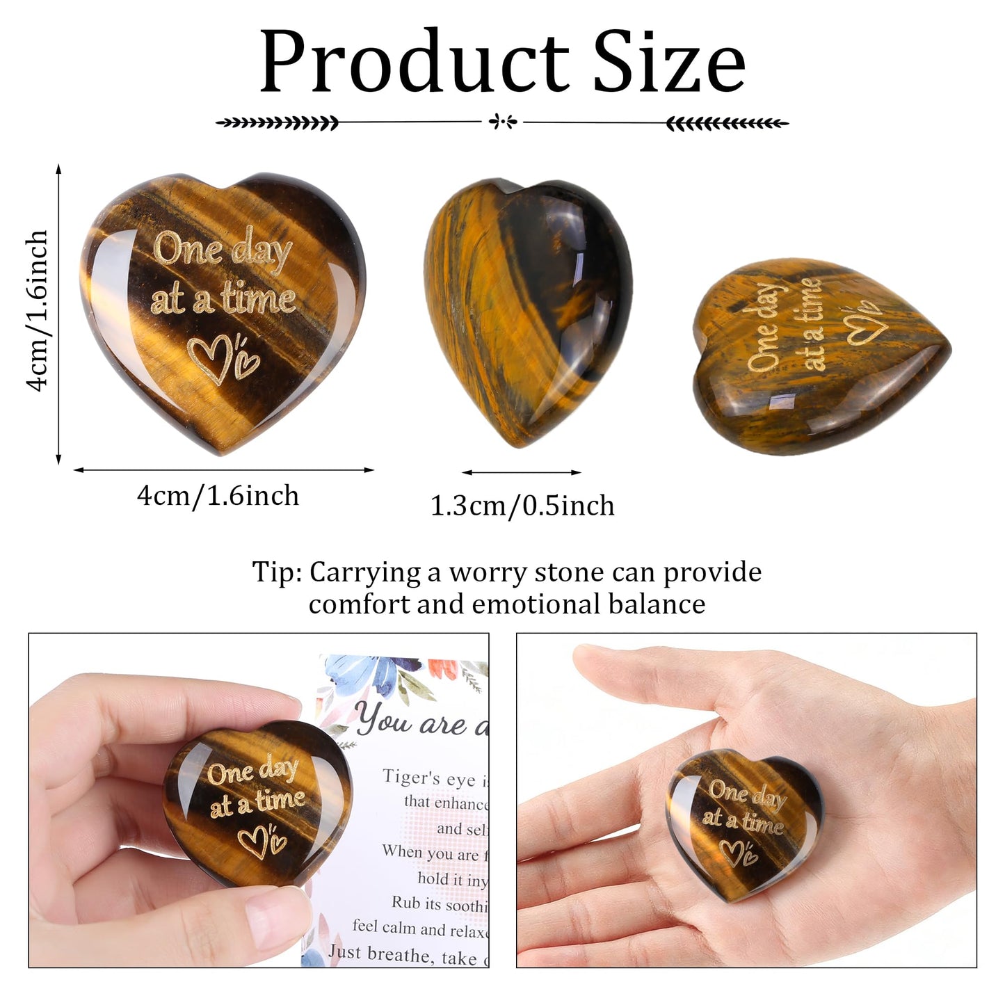 QINJIEJIE Tiger Eye One Day at A Time Heart Stones Healing Crystal Thinking of You Gifts for Anxiety Relief Items You Got This Inspirational for Best Friend Encouragement Gift for Women Men