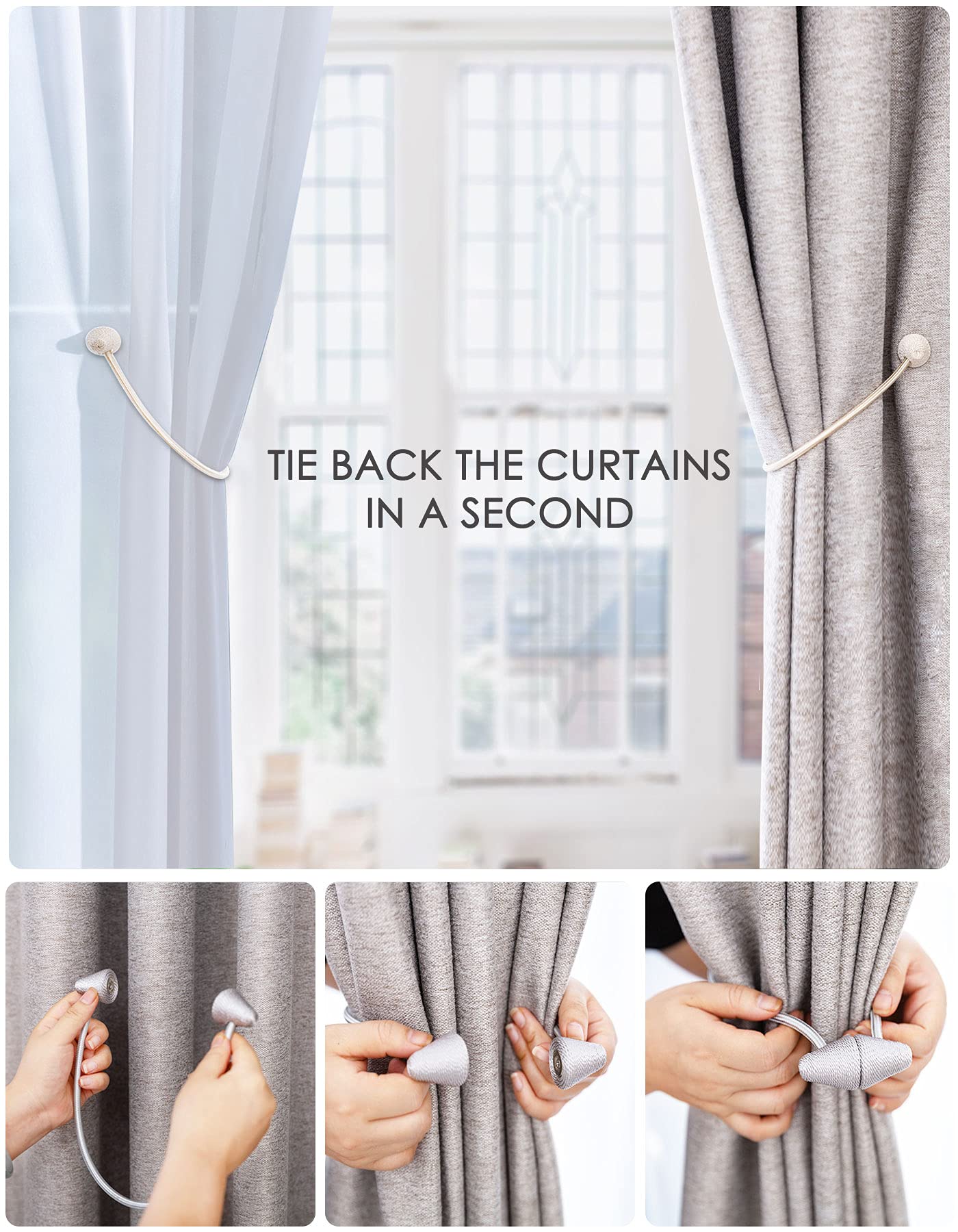 TECVINCI Magnetic Curtain Tiebacks with Upgrade Larger Magnet, 2 Pack 16 Inch Drapery Holdbacks for Indoor & Outdoor Curtain - Silver Grey