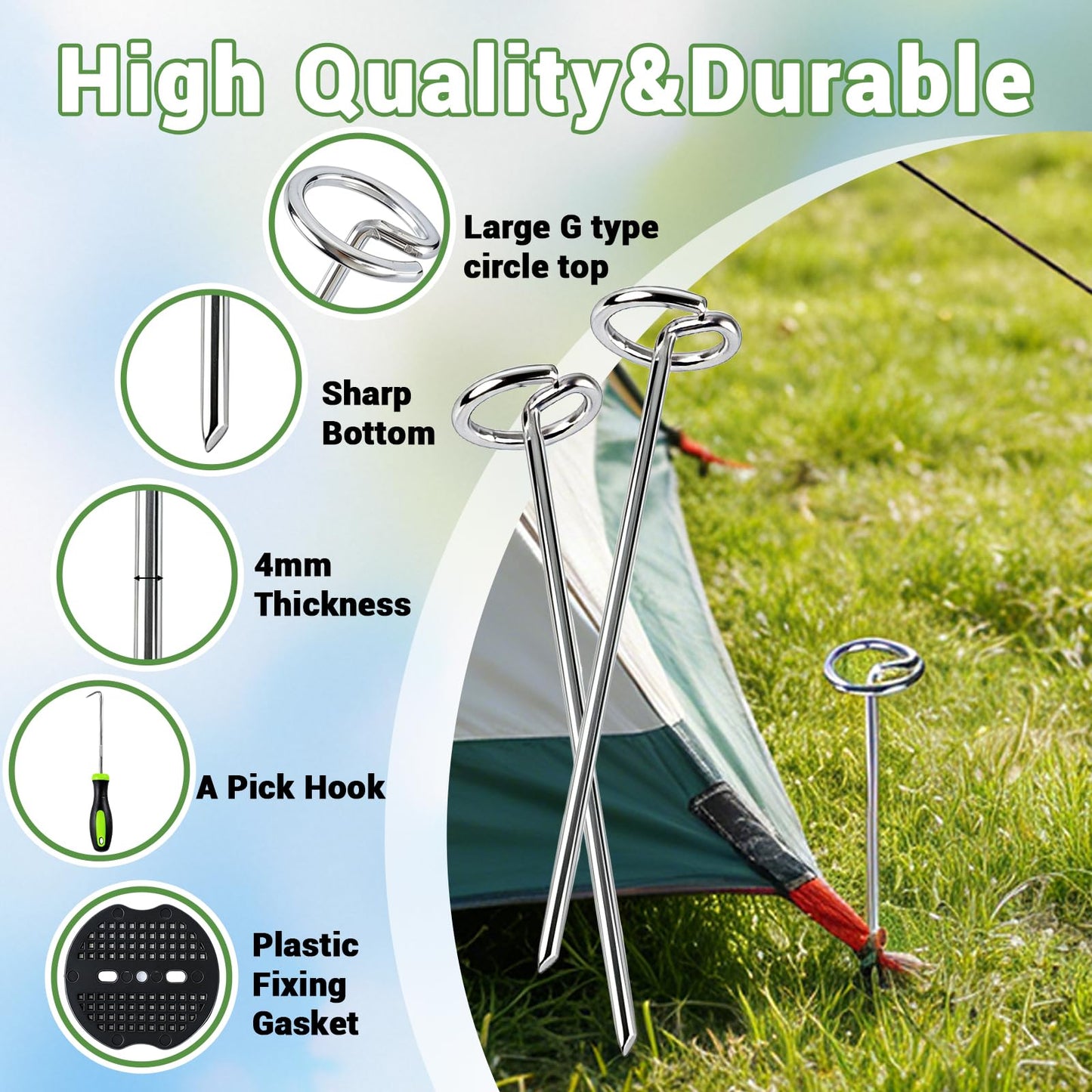 120Pcs Landscape Fabric Pins, Weed Barrier Stakes with 60Pcs Gaskets, 1Pcs Pick Hook, 6 Inch Landscape Stakes for Plant Cover, Tent, Weed Barrier Fabric, Turf and Outdoor Decoration