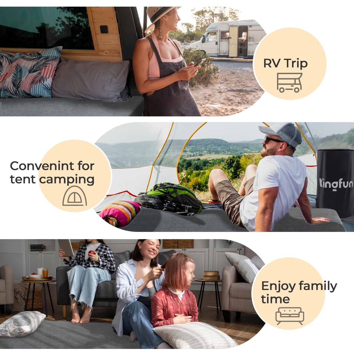 Kingfun 3 Inch CertiPUR-US Memory Foam Camping Mattress, Waterproof Roll up Sleeping Pad for Adults, Comfortable Thick Floor Sleeping Mats for Car Truck Tent with Removable Travel Bag, Single