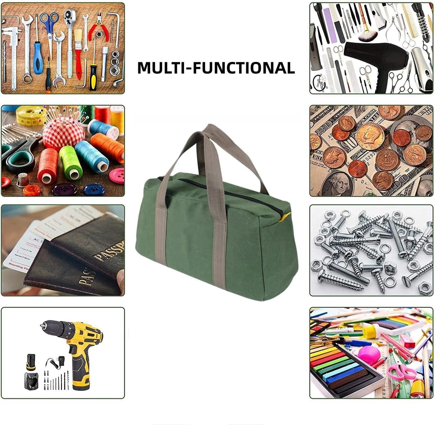 12 Inch Wide Mouth Tool Bag, Heavy Duty Canvas Tool Storage Bag for Men, Large Capacity Tool Tote Bag for Electricians, Power Tool Organizer Pouch