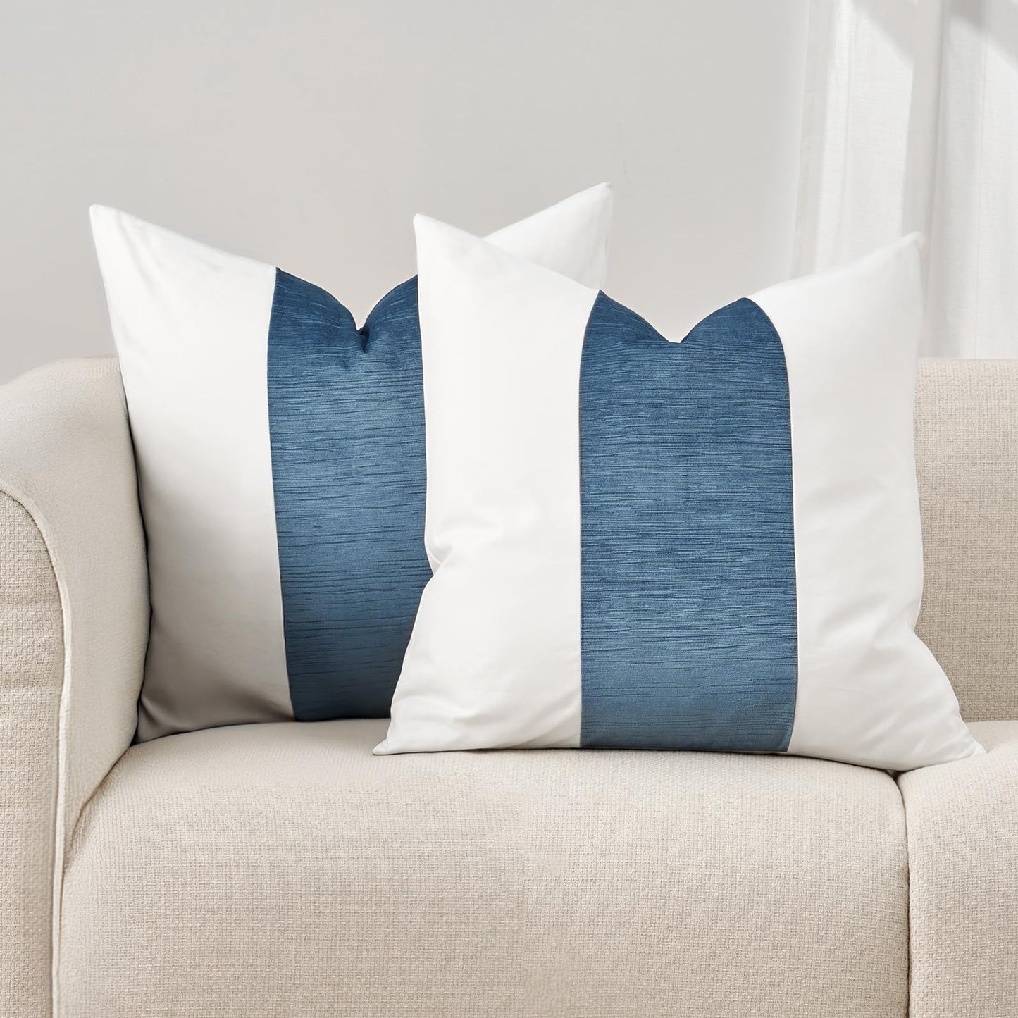 EVERGRACE x Kinsey Walsh Signature Velvet Panel Cotton Pillow Covers Set of 2, Decorative Pillow Covers 22"x22" for Couch, Square Cushion Cases for Sofa Bedroom Living Room, Blue Topaz
