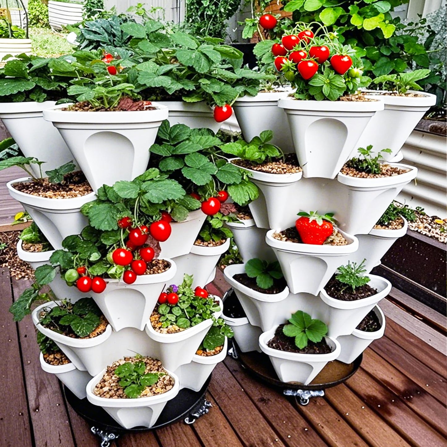 Lykvrii 7 Tiered Strawberry Planters 3 Pack, Vertical Stackable Planter, Herb Stacking Tower Garden, Flower and Vegetable Planters with Support Pole Indoor & Outdoor with Removable Wheels Dark Grey