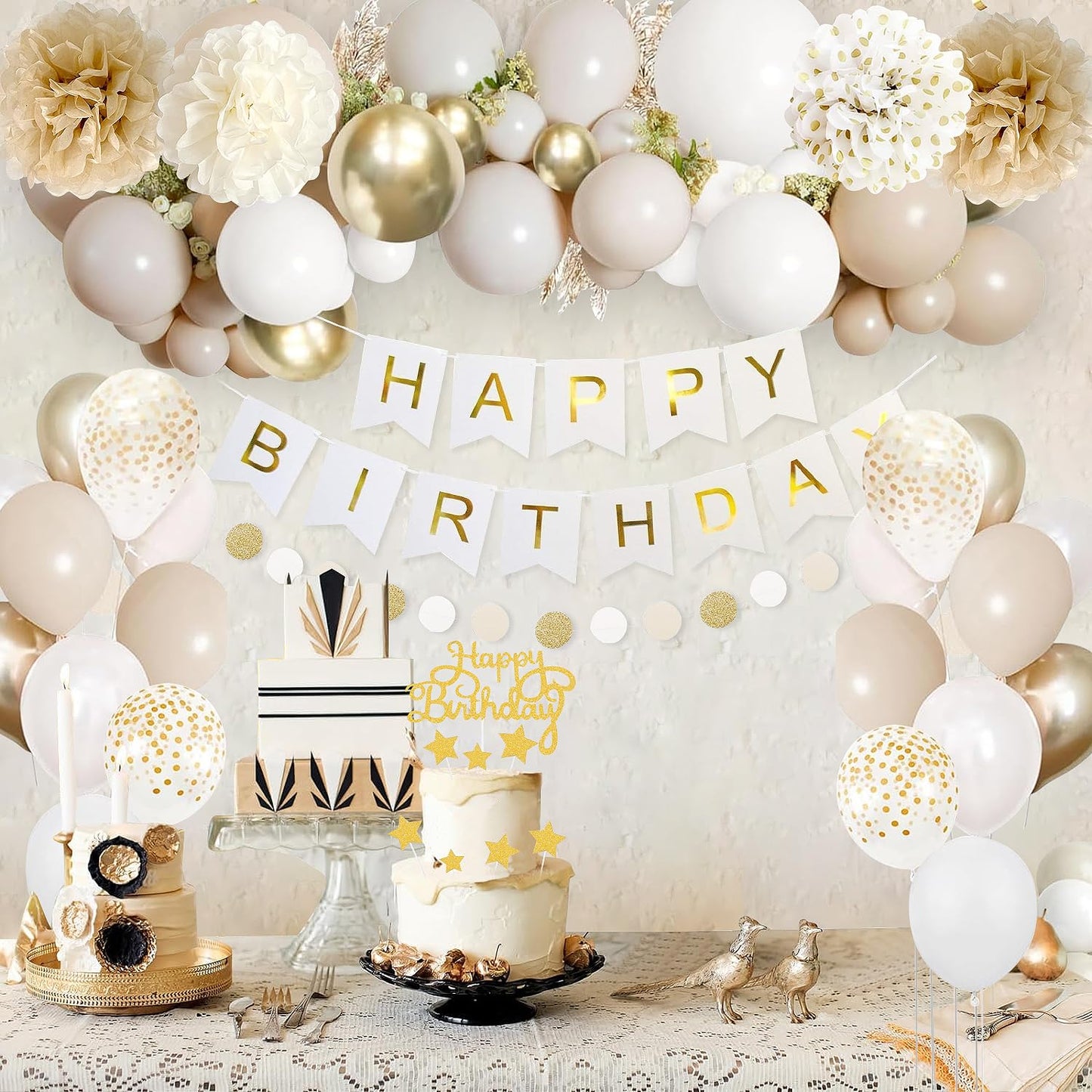 Upgraded Gold White Birthday Party Decorations for Girls Women Men with Happy Birthday Sash,Banner,Tissue Pompoms,Circle Dots Garland,Paper Tassels Garland, cake topper for Her Decor