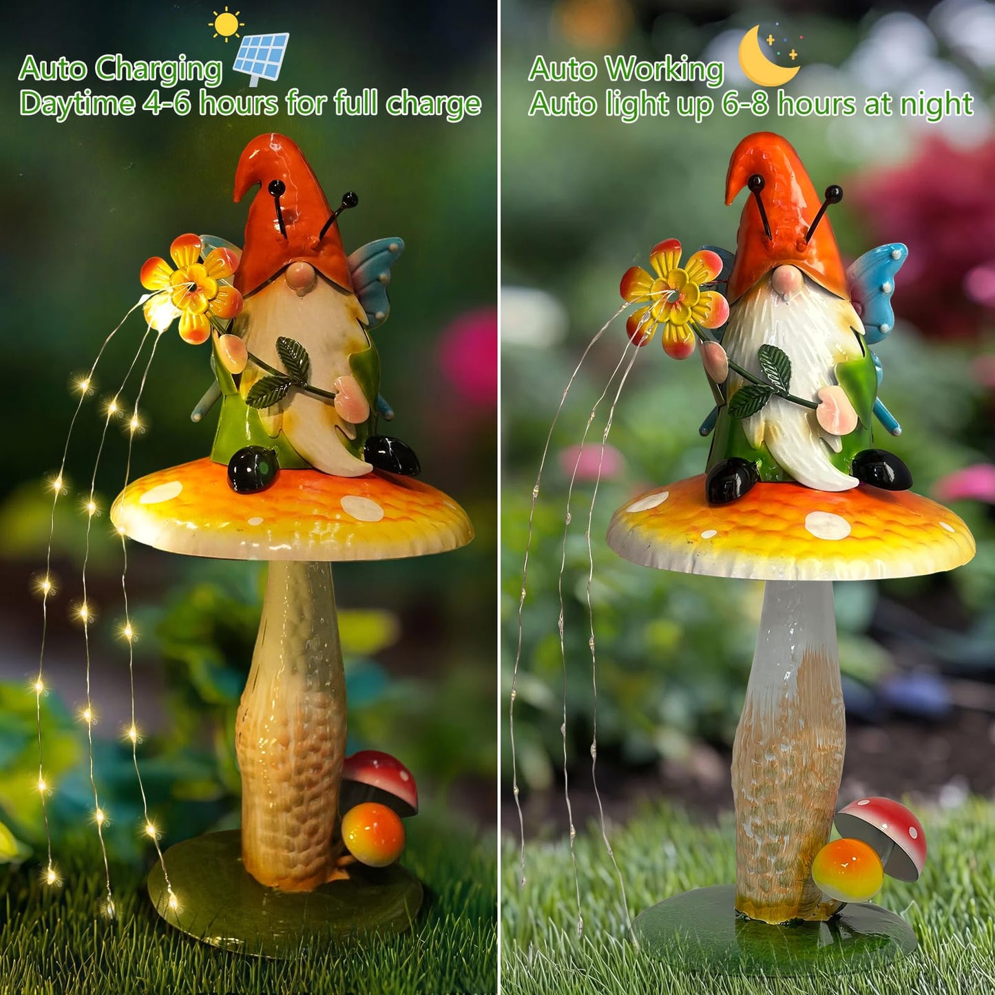 HONGLAND Solar Garden Gnome Figurine, Waterproof Outdoor Mushroom Decor with Solar Outdoor Lights for Yard, Patio, Lawn Ornaments, Ideal Gifts for Mom Grandma Women, Housewarming Gifts-16.5"