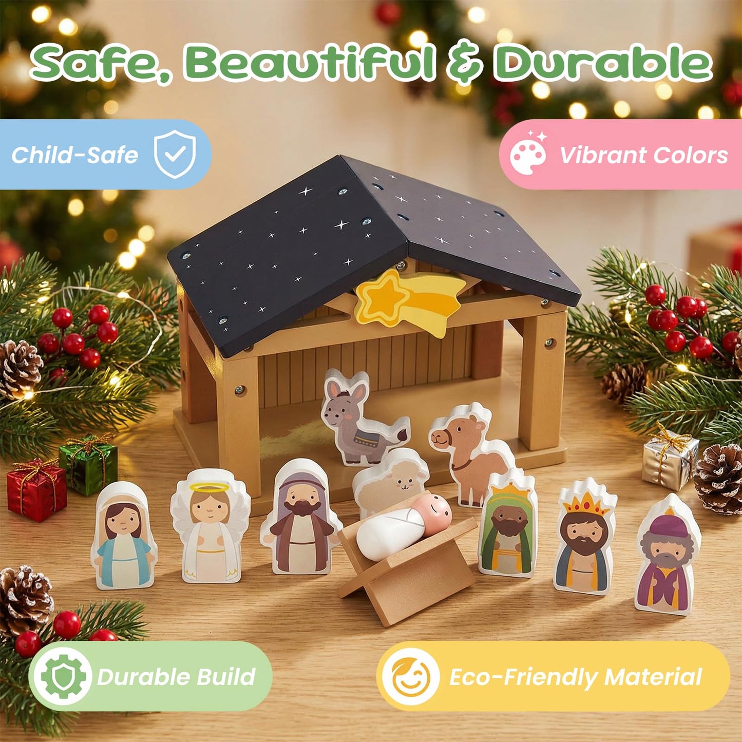 WOODENFUN Toy Nativity Set for Kids，Wooden Christmas Nativity Scene Miniature Holy Family Figurines Gifts for Children Boys Girls 3+ Years Old
