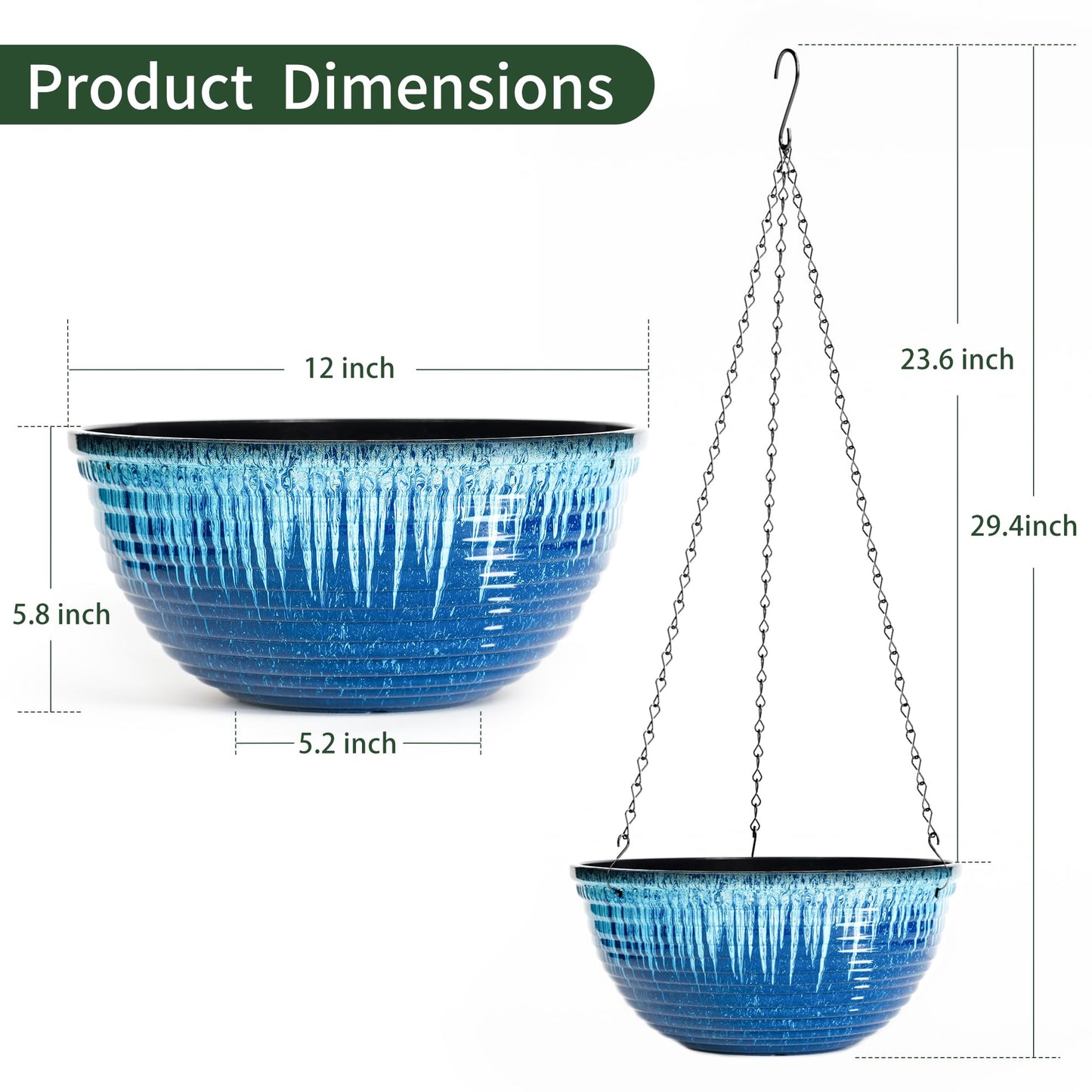 Vanslogreen 12 inch Hanging Planters for Indoor Outdoor Plants, 2 Pack Large Hanging Flower Pots with Drainage Holes and Chain, Glazed Hanging Baskets for Home Garden Decoration (Blue Flow Glaze)