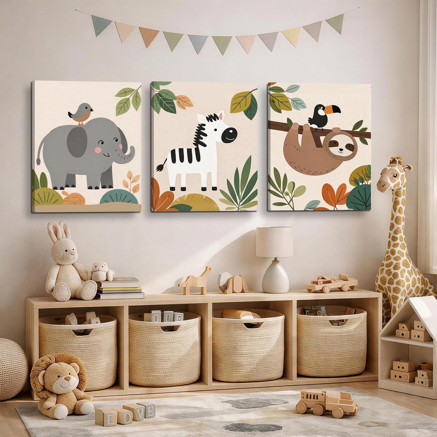 TYPTEK Nursery Wall Art Decor Set of 3,Boho Jungle Animals Whimsical & Educational Canvas Prints for Kids Room Playroom Baby Bedroom, Framed Ready to Hang,16x12 Inch