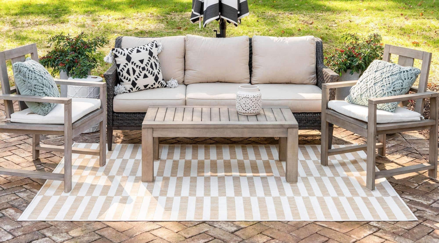 Unique Loom Outdoor Striped Collection Area Rug - Striped (5' 1" x 8' Rectangle, Taupe/Ivory)