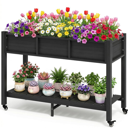 DWVO Raised Garden Bed HDPE with Wheels & Legs, 47x18x31in Weather-Resistant Poly-Wood Elevated Planter Box Outdoor, Double Tier Planters for Patio Balcony Backyard, Black