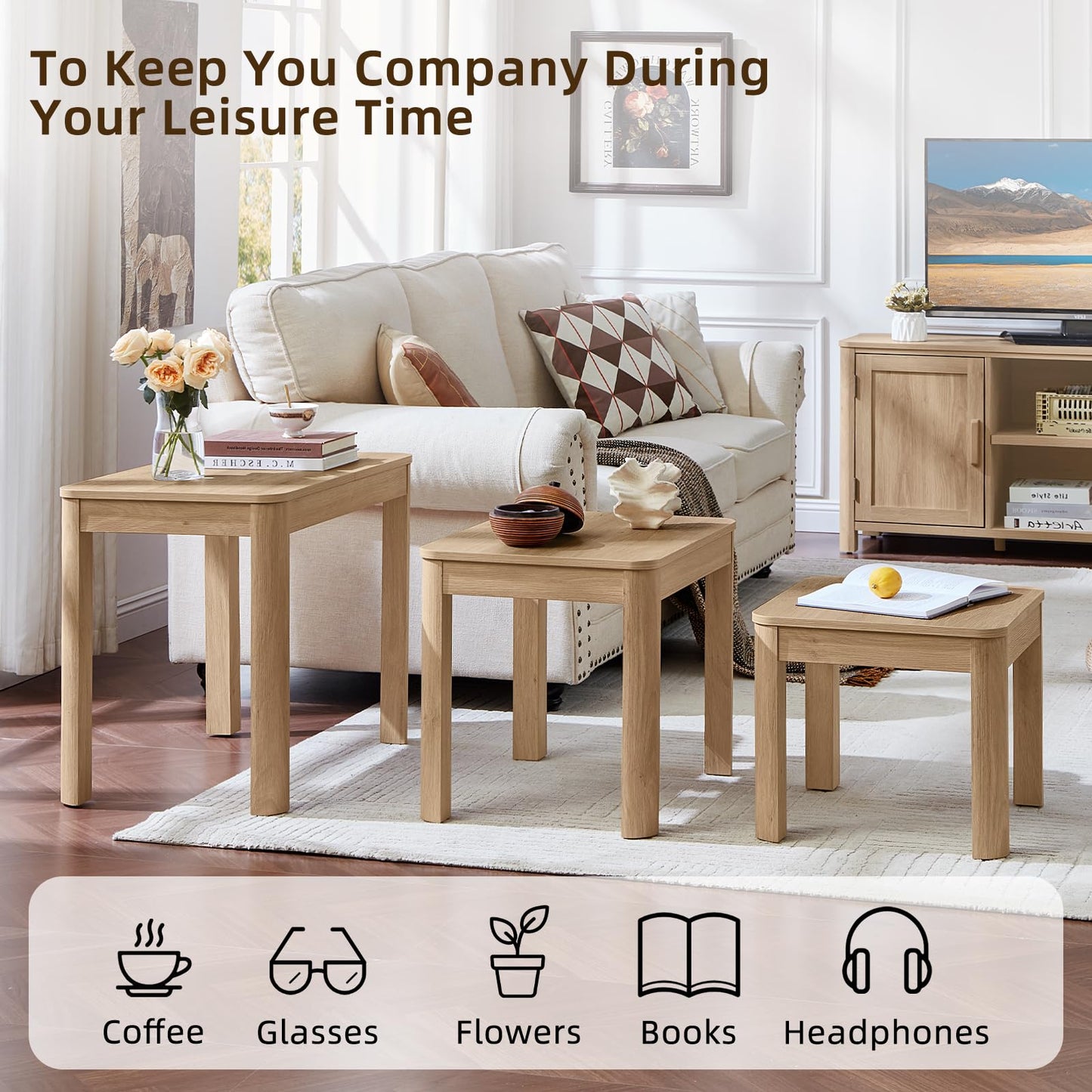 Joaxswe Farmhouse Nesting Tables Set of 3, Living Room Table Set with Rounded Corners & 4 Thickened Table Legs, Natural Wood