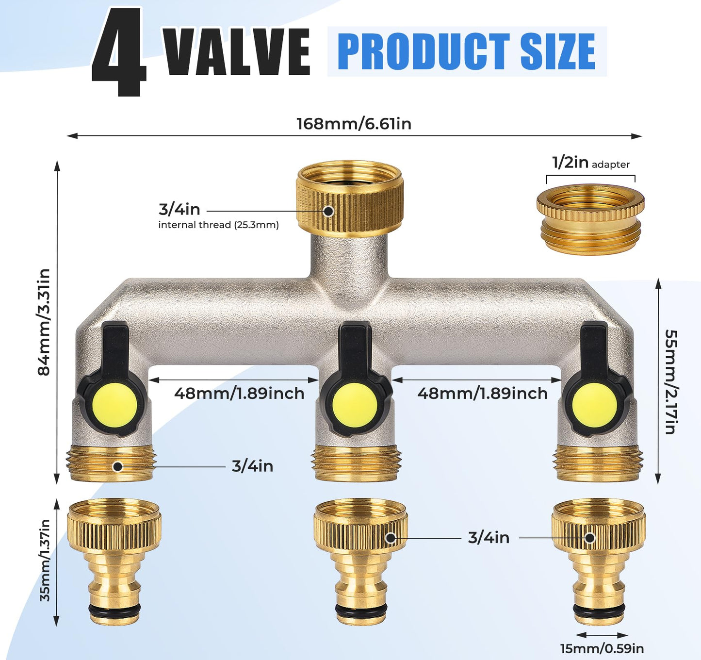 Anstore Garden Hose Splitter, 3/4" Water Hose Splitter 3 Way Heavy Duty with 3 Black Handle, Brass Nickel Plated Outdoor Faucet Splitter Water Spigot Splitter Manifold Rust and Freeze Resistant