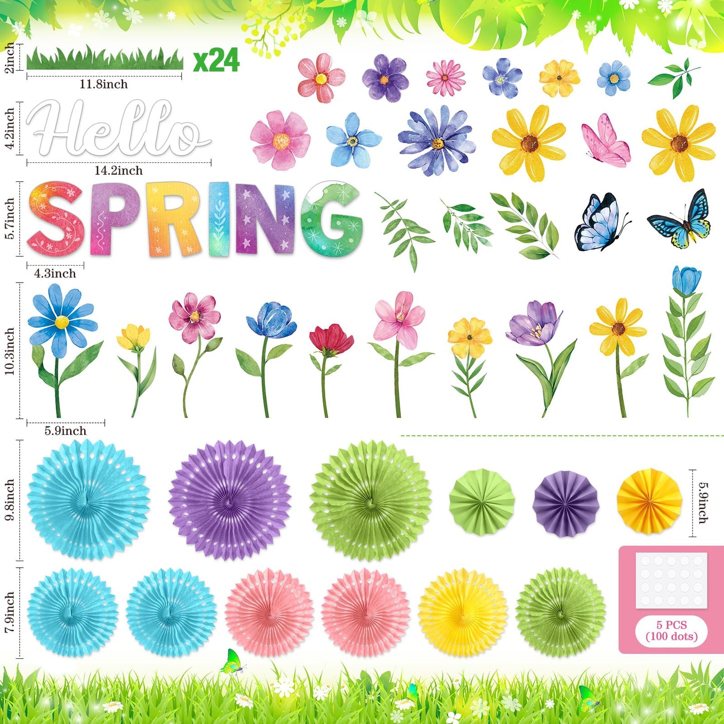 Fuutreo Spring Bulletin Board Set Hello Spring Flowers Cutouts Paper Fans Bulletin Board Border Classroom Decoration for School Office Home Teacher Wall Supply