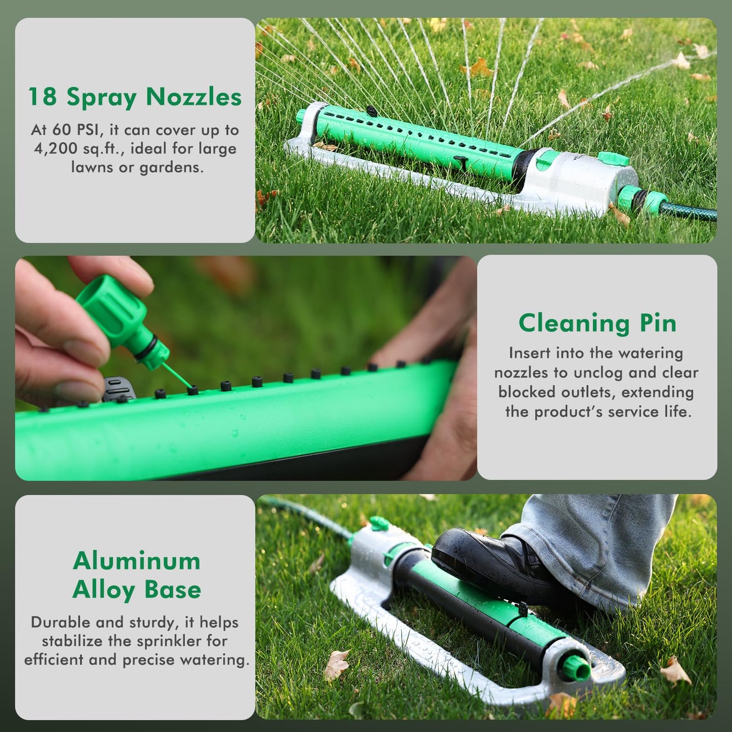 RESTMO Heavy Duty Oscillating Sprinkler with Stable Metal Base, 18 Durable Nozzles, Adjustable Flow & Width & Coverage, Lawn Sprinkler & Garden Sprinkler for Large Yard Irrigation