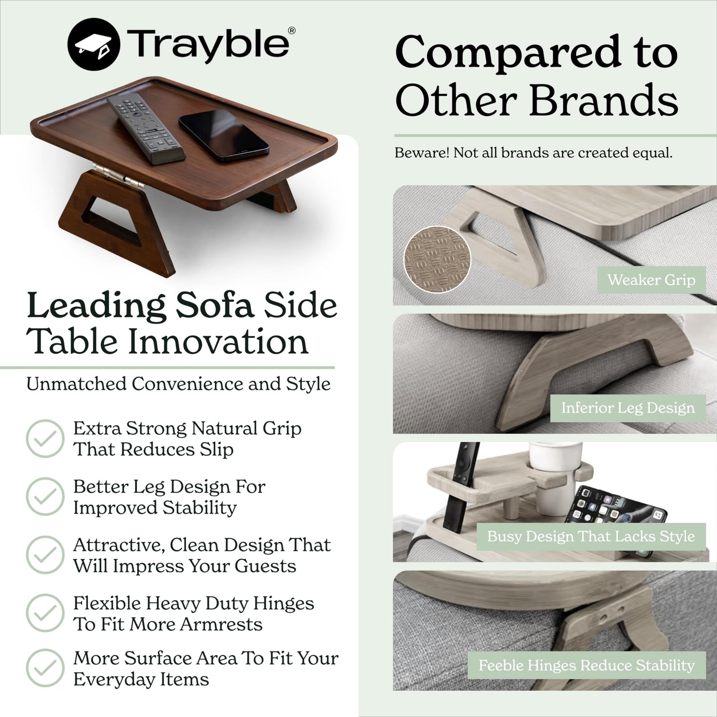 Shamrock Home Bamboo Trayble Couch Arm Table, Clip On Tray Sofa Table for Couches. Sofa Arm Tray, Armchair Table for TV Dinners, Remotes, Drinks and Snacks - 13.75 x 9.5inch, Brown