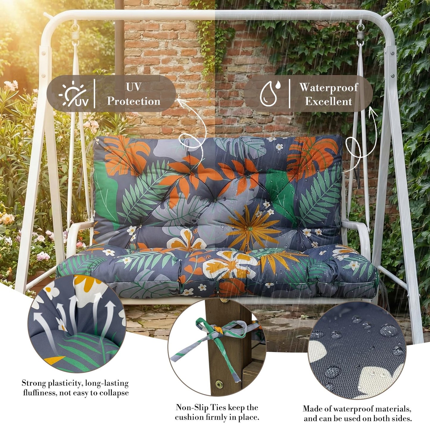 Outdoor/Indoor Swing Replacement Cushion,2 or 3 Seats Bench Cushions with Backrest, Thicken 4" Recliner Seat Pad for Garden/Patio, Waterproof Premium Tufted Cushion with Ties(Flower Leave-60x40x4in)