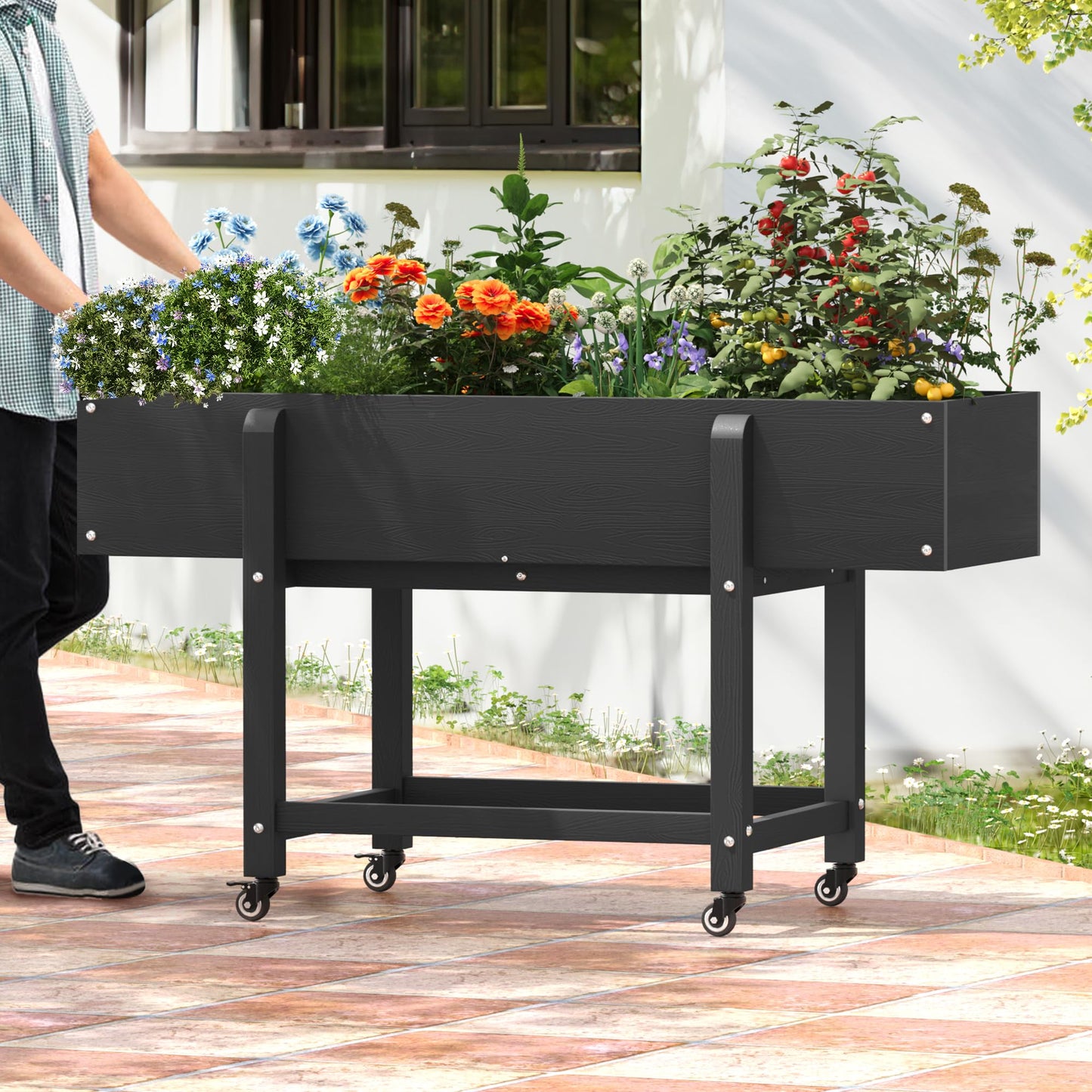 LUE BONA Raised Garden Bed with Wheels, 48 * 16.7 * 28 in, Poly Elevated Outdoor Planter Box with Tools, Weather Resistant, Standing Growing Bed Herb Planter for Vegetable, Flowers, Fruits