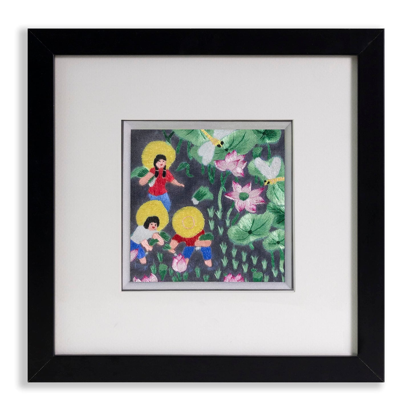 Ebherys Hunan Hand Embroidery Artwork, Handmade Paintings with Wood Frame Hanging on the wall as Room Decoration Home Accessories, Meaningful Gifts for Mother Daughter and Friends (Picking Lotus)