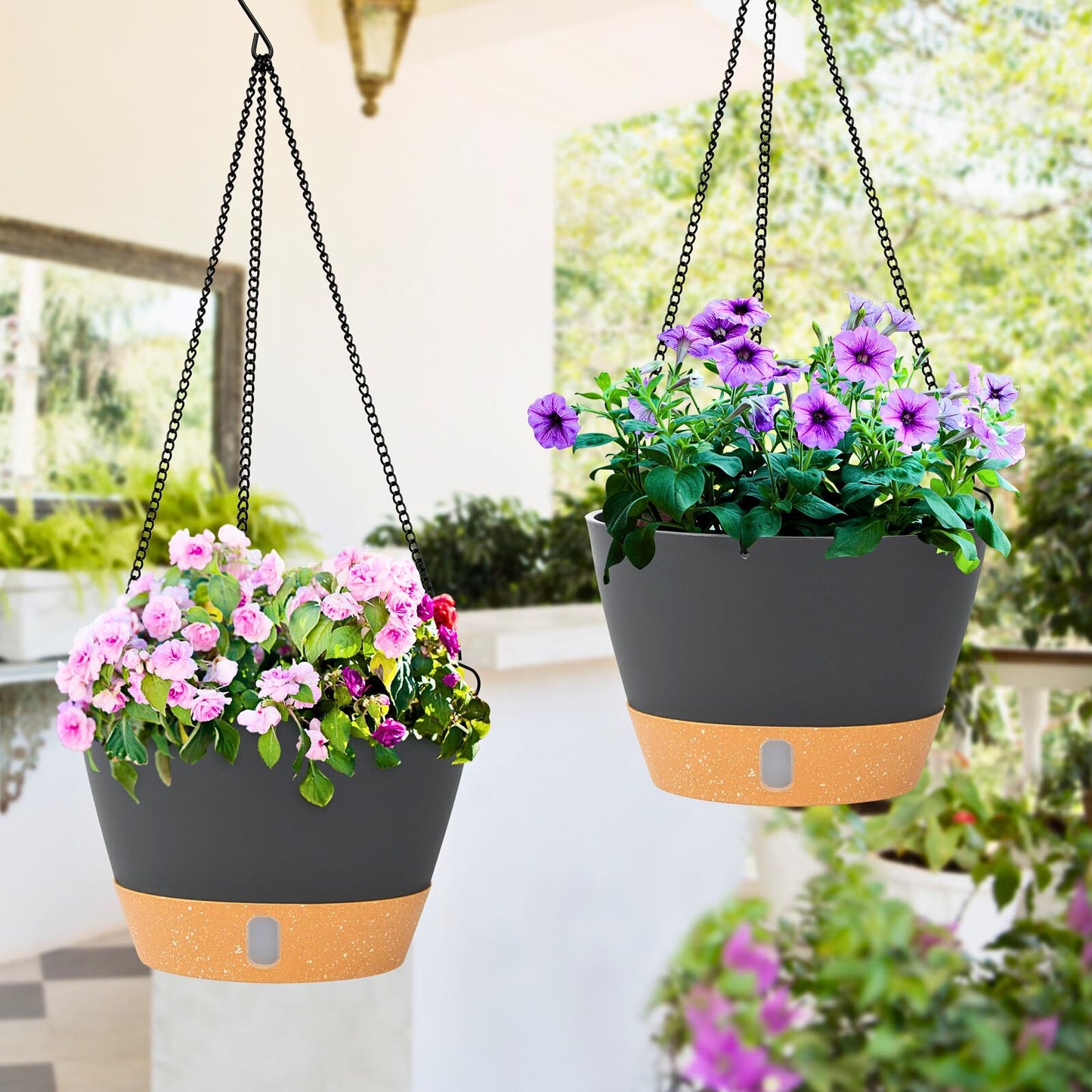 QCQHDU 2 Pack 8 Inch Hanging Planters for Indoor Outdoor Plants, Hanging Baskets Flower Pots with Reservoir Tray & Visible Water-Level