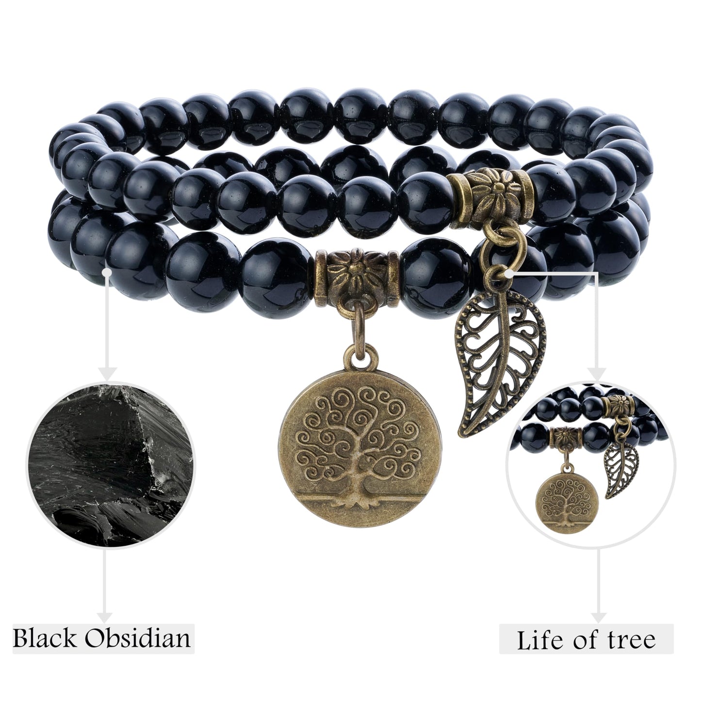 Bivei Natural Semi Precious Gemstone Beads Bracelet for Women - Life Tree and Leaf Charm Chakra Energy Anxiety Stretch Bracelets(Black Obsidian Bracelet Set)