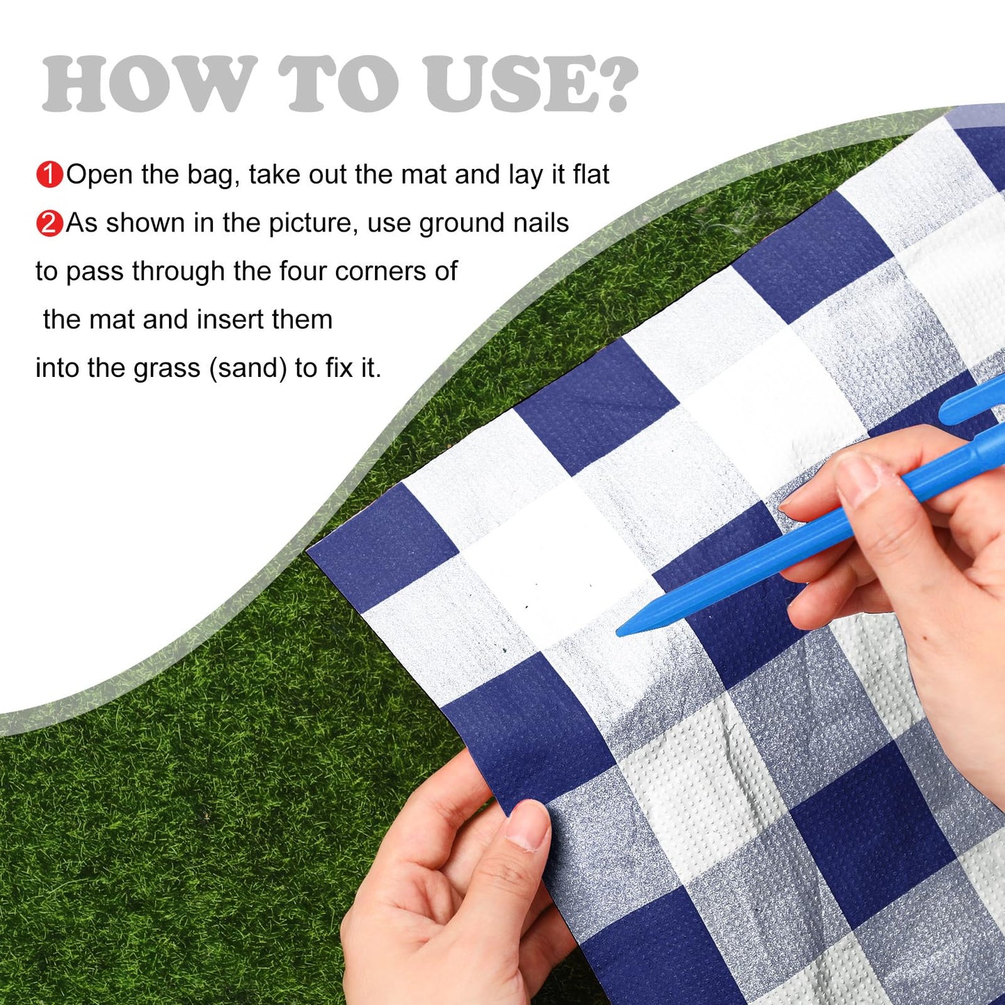 HunnmingRe 6 Pcs Disposable Outdoor Picnic Blankets 71''x71'' Thicken Foldable Waterproof Picnic Mats Gingham Oil Proof Camping Blankets with 4 Ground Spikes Beach Travel Hiking (Navy Blue and White)