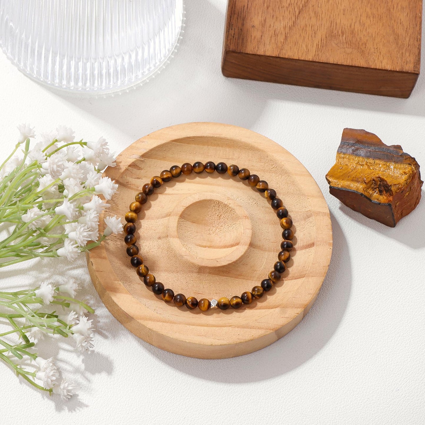 Raicegs 4MM Tiger Eye Beaded Bracelets Healing Crystal Bracelet for Women Men Natural Stone Handmade Stretch Bracelet Reiki Spiritual Jewelry