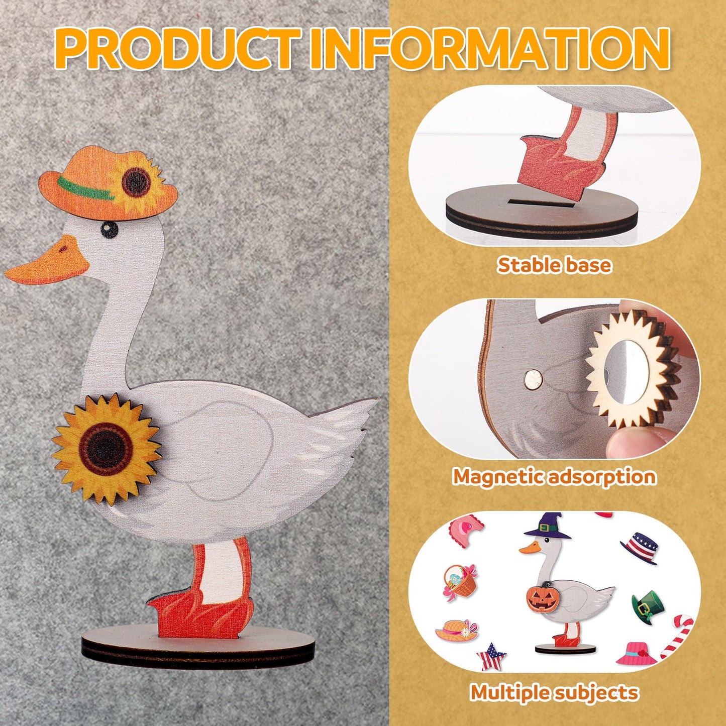 Amyhill 26 Pcs Holiday Interchangeable Desk Goose Decor Mini Wooden Seasonal DIY Goose Outfits with Magnetic All Season Table Centerpiece Signs for Table Desk Gift, 3.7 x 4.7 Inches