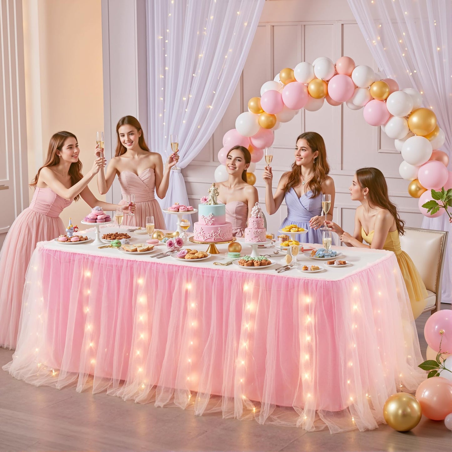 6FT Pink Tulle Table Skirt with LED Lights 2-Layer Ruffle Tulle Tutu Cloth Desk Table Skirt for Birthday Party Baby Shower Wedding Banquet Cake Dessert Decorations