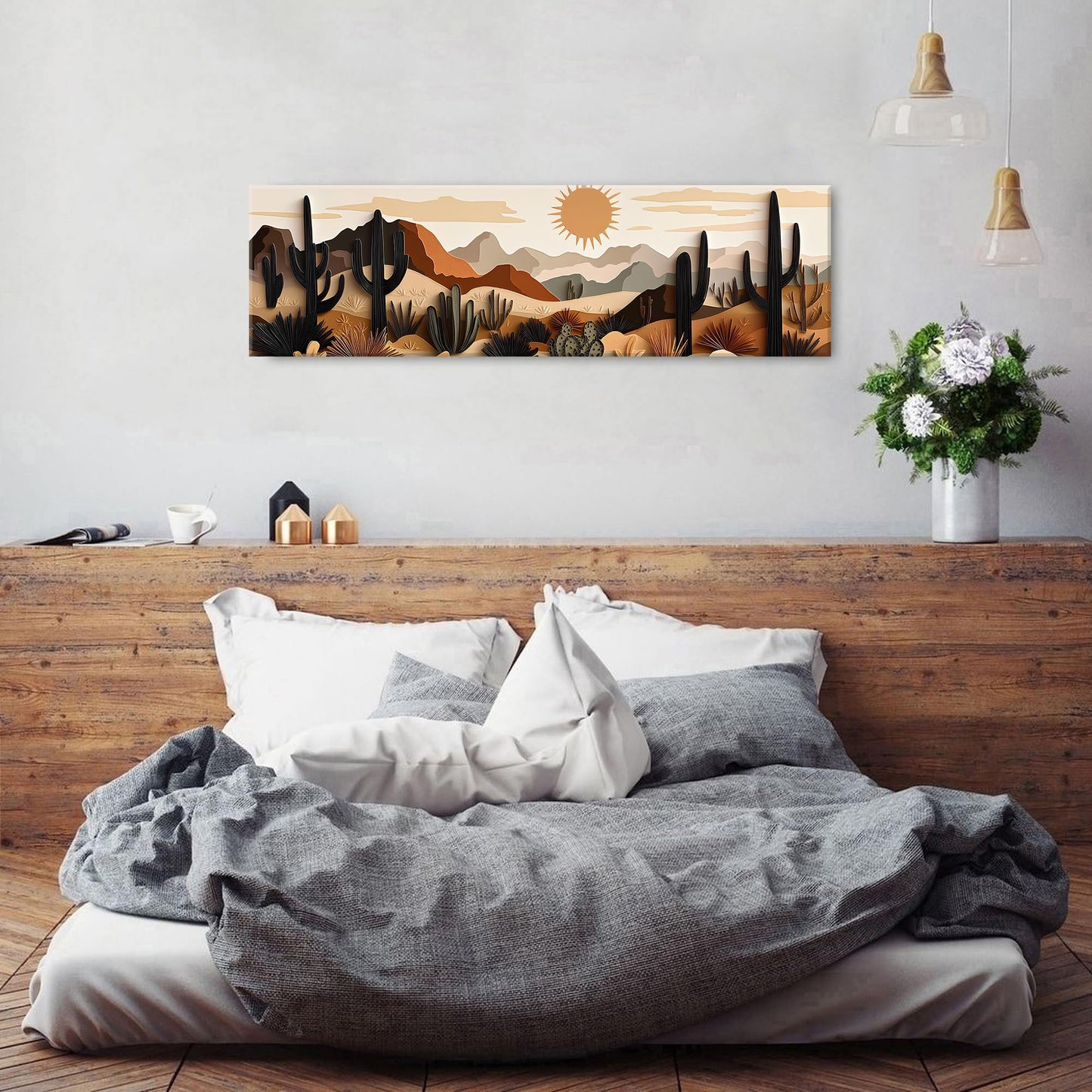 Boho Cactus Wall Art Mid Century Modern Wall Decor for Living Room Beige Geometric Minimalist Picture Abstract Mexican Desert Botanical Mountain Sun Painting Artwork Bedroom Home Decorations 14x48"