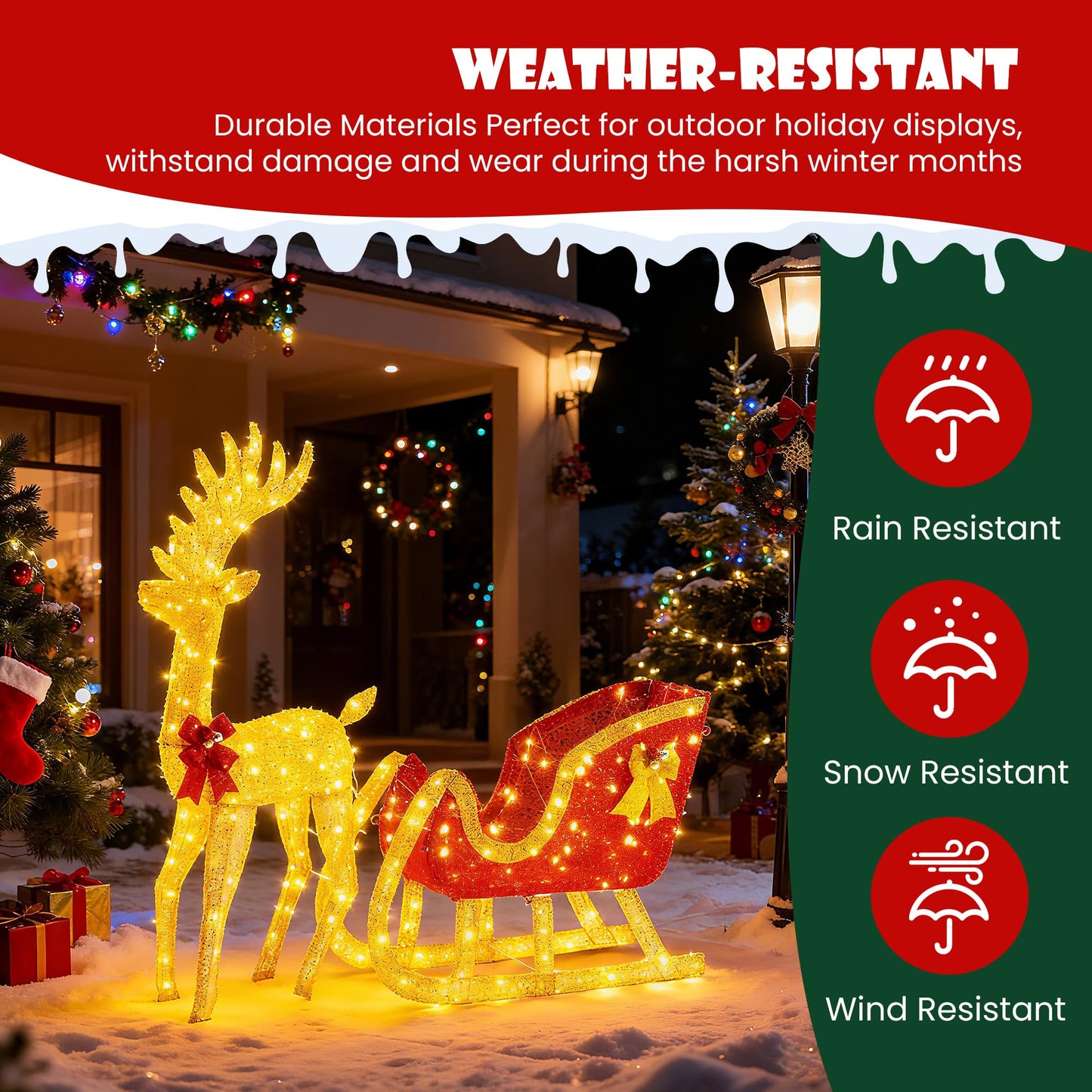 Sweetcrispy 4 FT Lighted Christmas Reindeer & Santa Sleigh Set, Family Outdoor Indoor Xmas Pre-Lit Yard Decoration w/ 180 LED Lights, Holiday Deer & Sled for Garden Lawn Patio Display, Gold-Red