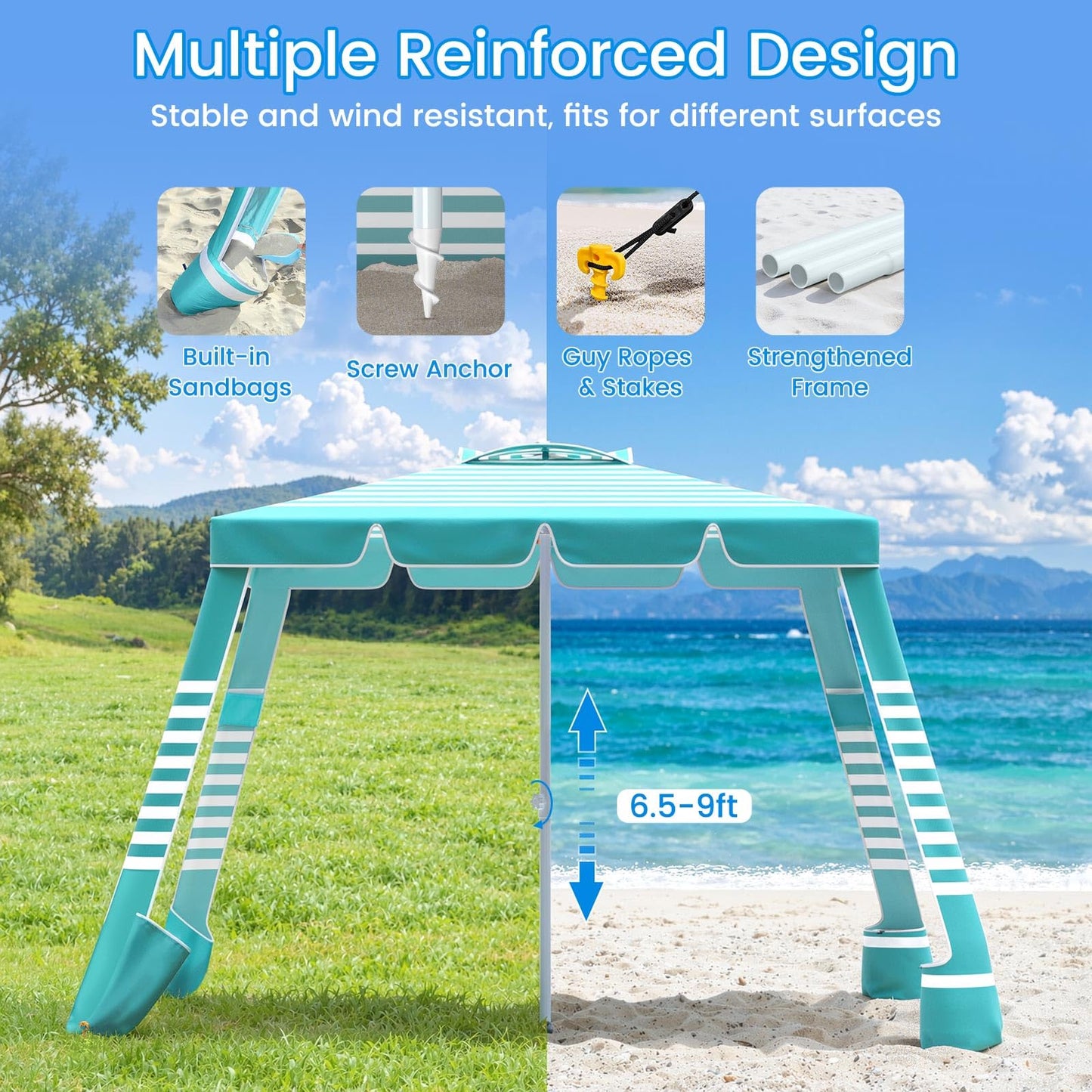 MoKo Beach Cabana,120 Sq. Ft. Large Beach Canopy Tent Sun Shade, UPF 50+ Protection Easy Setup Beach Tent, Adjustable Height Wind Resistant Cabana Sun Shelter for Whole Family, Light Green Stripes
