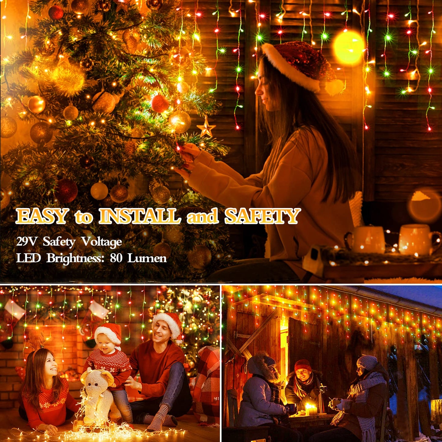 98FT 960 LED Christmas Lights , Waterproof 8 Modes Ice Lights for Outside with Memory and Timer Hanging Fairy Lights Plug-in Curtain String Lights for Holiday Party Wedding Home (Red and Green)