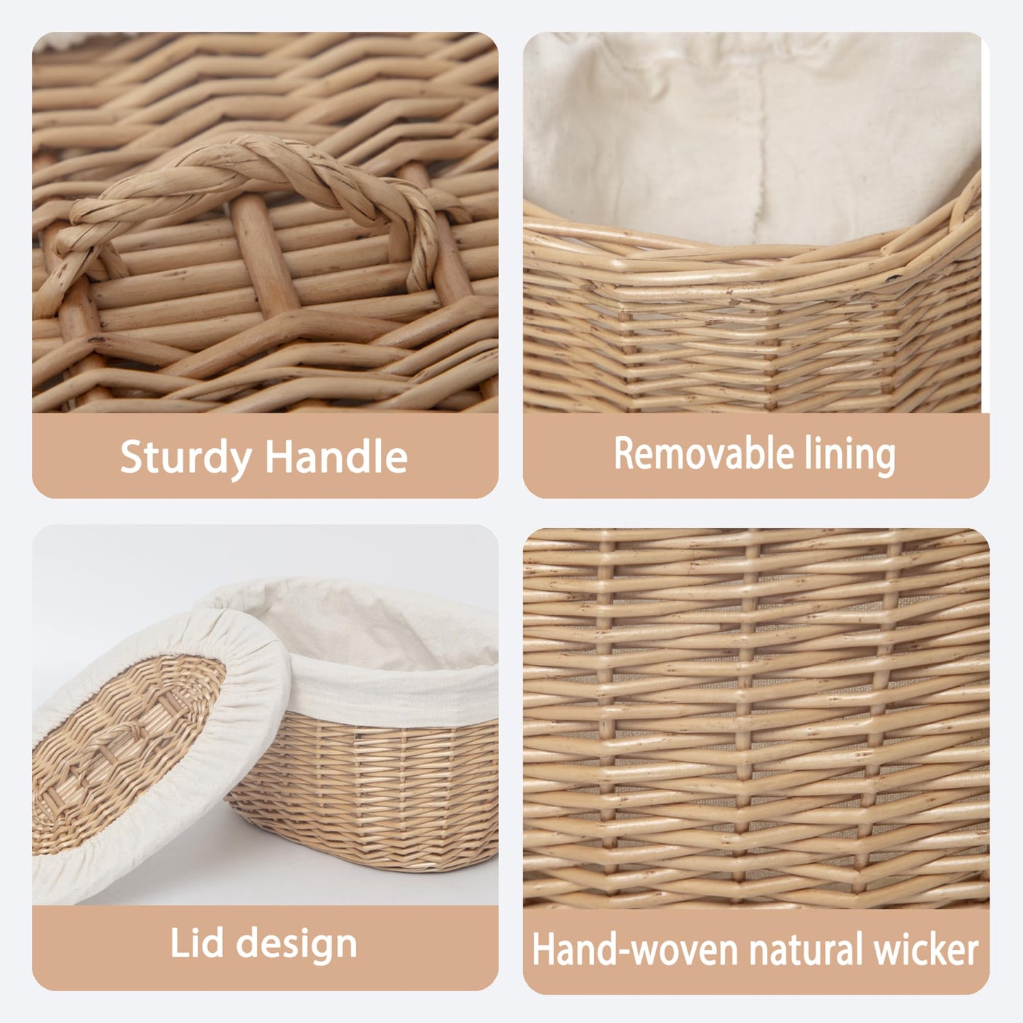 Wicker Bread Basket Serving with Lid & Removable Lining, Sourdough Proofing Basket,Eco-friendly Bread Storage basket Ideal for Picnics & Dining (Oval)