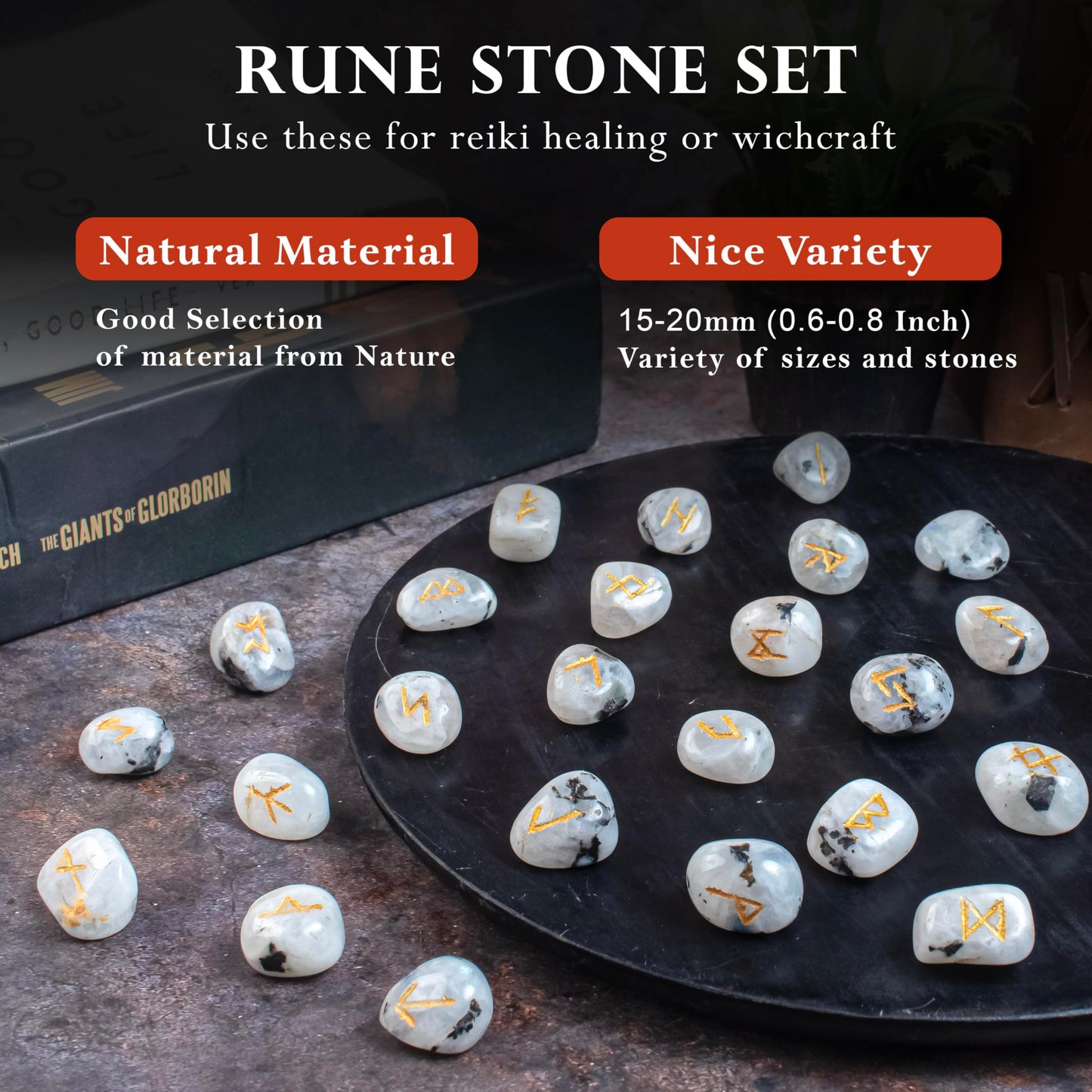 Crocon Rainbow Moonstone Rune Stones Sets 25 pcs for Beginners with Elder Futhark Alphabets for Healing Chakra Crystals Reiki feng Shui Gemstone Runes Set Size: 15-20 mm with a Pouch & Rune brochure