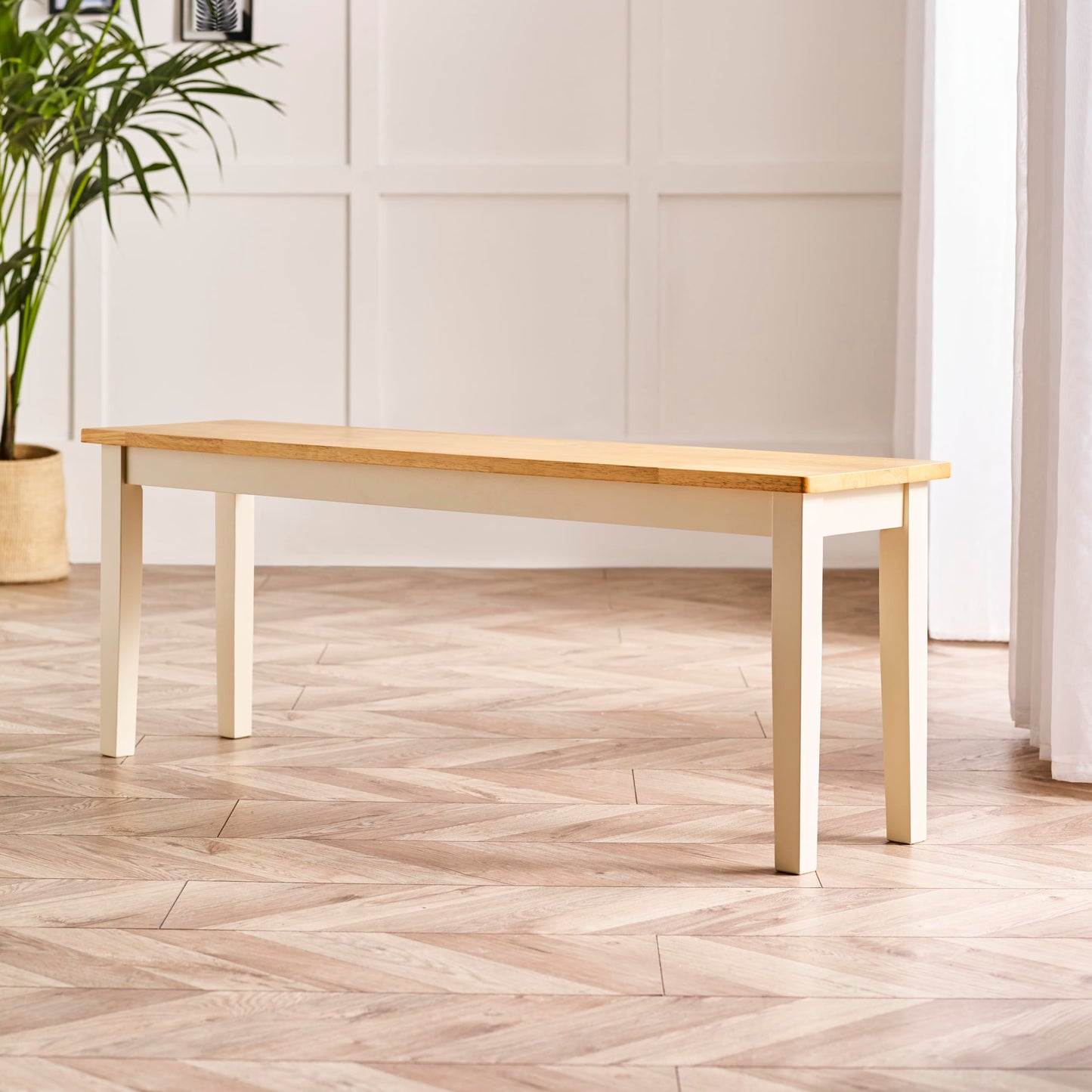 Furniturebox UK Large Wood Dining Bench - Tenby Cream Wood Indoor Bench Stool - Dining Kitchen Bedroom - Pale Oak Stain Seat Cream Legs Take on Traditional Farmhouse Dining Furniture