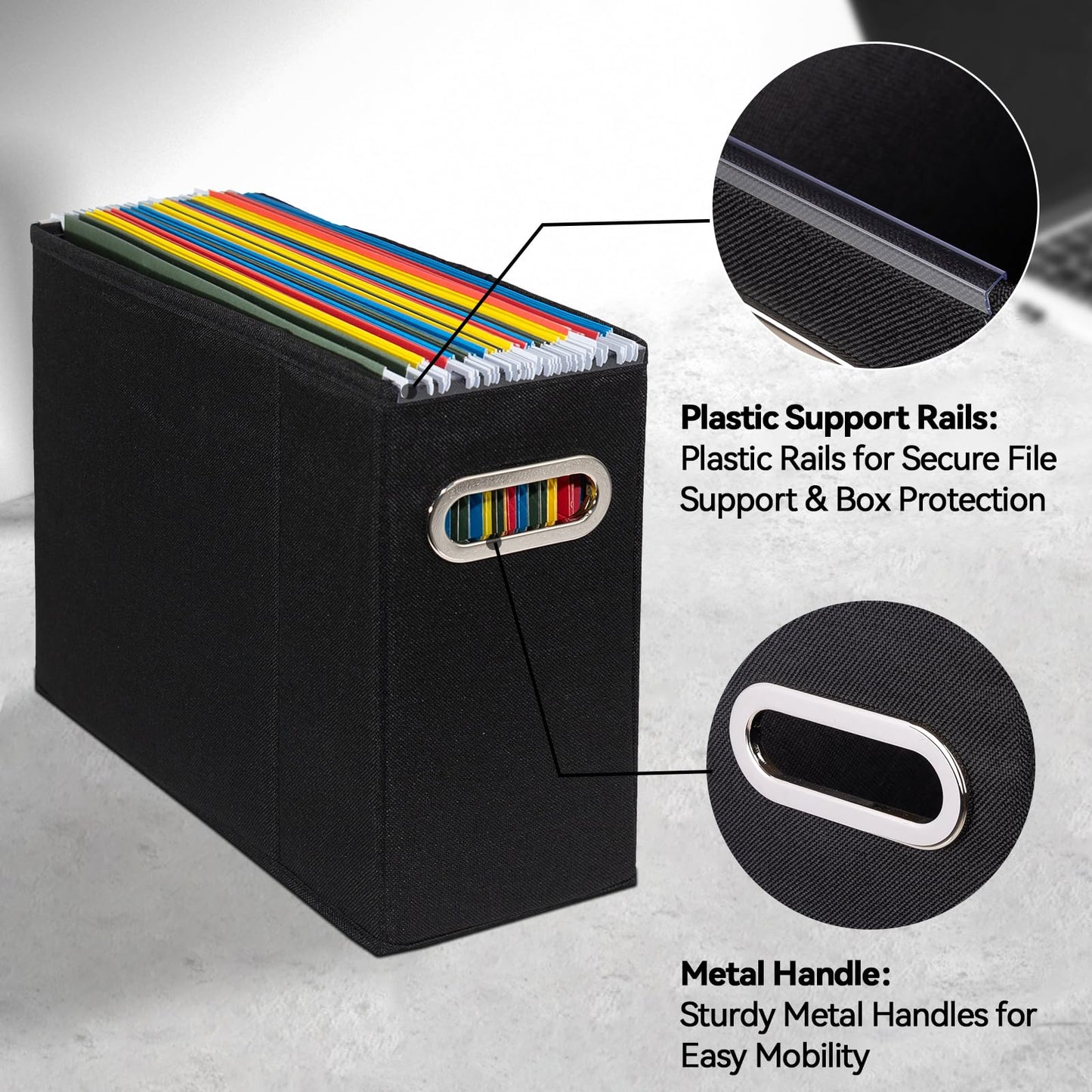 ComfortKeeper 2 Packs Letter Size File Organizer, File Folders Organizer, Fabric Storage Box, Collapsible Paper Organizer with Metal Handle, Smooth PVC Rails, Only Box (Black)