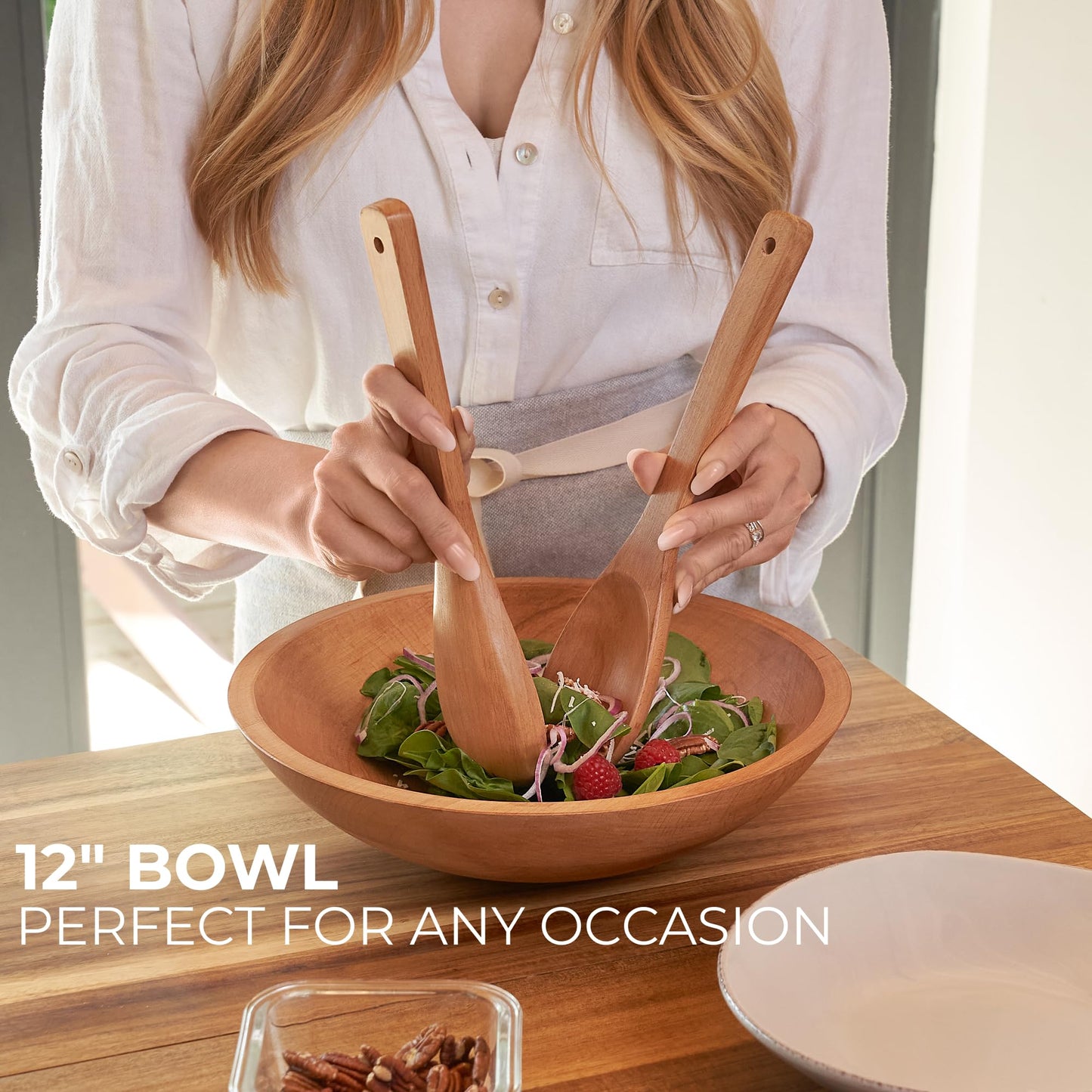 Extra Large Wooden Salad Bowl Set With Serving Utensils - A Beautiful Party Salad & Fruit Bowl With Serving Spoons Perfect for Your Dinner Party - Decorative & Practical Kitchen Must-Have