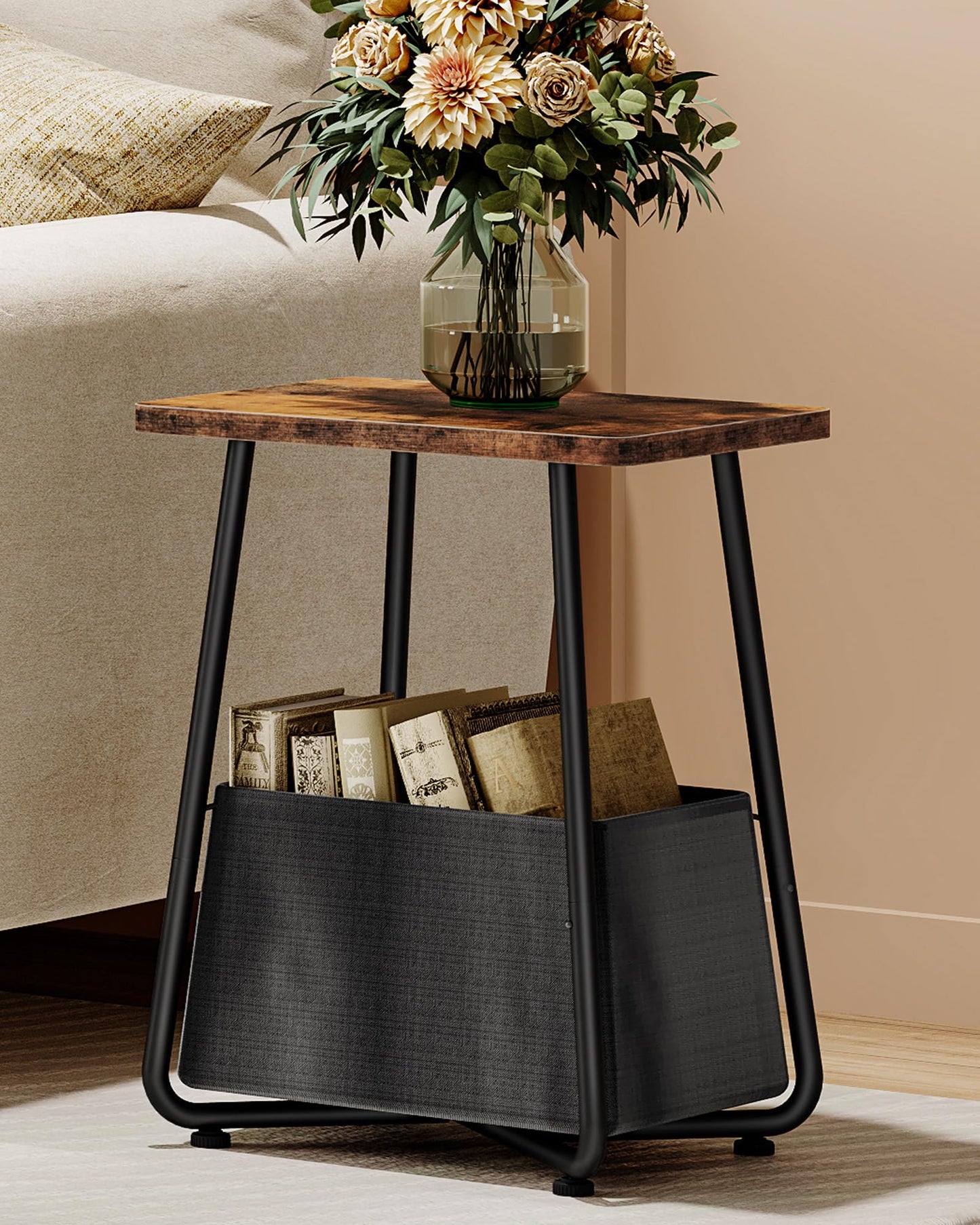 CHOEZON Small Nursery Side Table with Removable Fabric Basket, Compact End Table for Small Spaces, Space-Saving Nightstand for Bedroom Living Room, Rustic Brown TBZ13BF