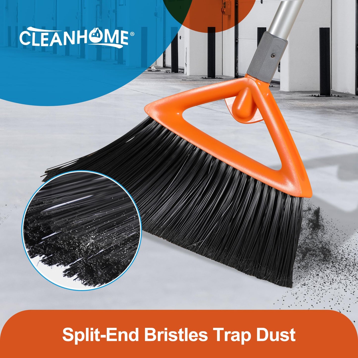 CLEANHOME Heavy Duty Outdoor Broom and Dustpan Set with Long Handle, Standing Dustpan & Split-End Bristles for Patio, Garage, Deck, Leaves Debris Cleaning
