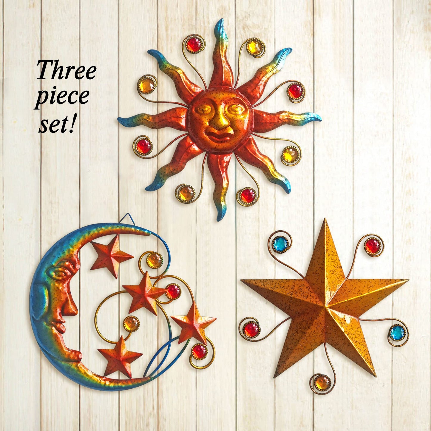 VividLadybug Celestial Wall Decoration Sculpture, Metal Wall Sculpture, Silhouette Wall Decoration, Metal Sun Moon Star Wall Art Sculpture Decoration, Set of 3