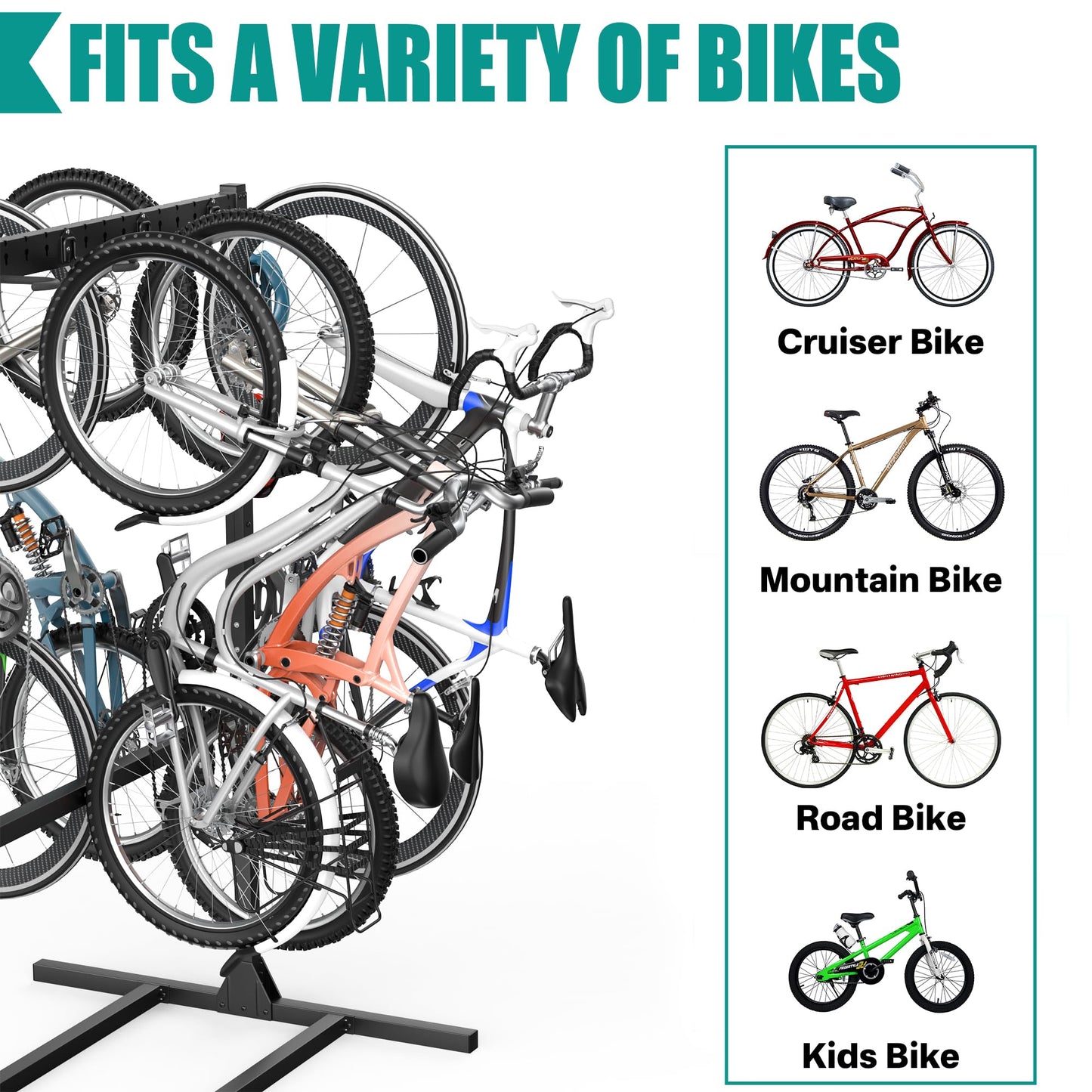 EVERHANGER Freestanding Bike Stand Rack with Adjustable Hooks, Vertical Bike Stand for Garage, Bicycle Storage Organizer, Holds Up to 7 Bikes & 7 Helmets