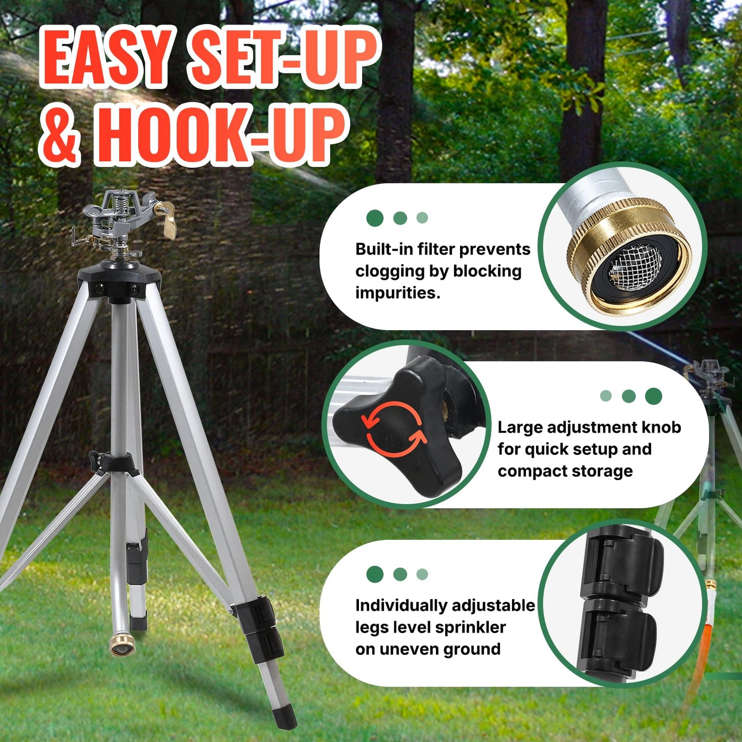 YAMATIC Tripod Impact Sprinkler, Adjustable 21–50 in Lawn Sprinkler with Metal Pulsating Head, Up to 90 ft Spray Distance, 360° Coverage for Large Yard, Garden & Landscape Watering