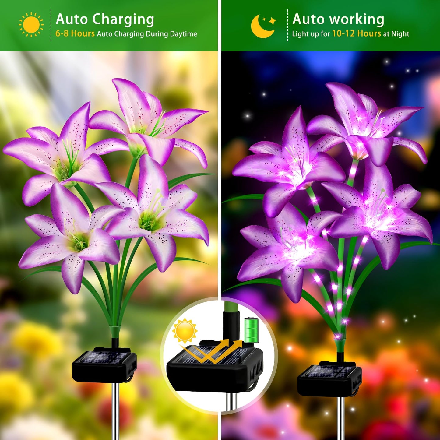 Solar Lights Outdoor, Gift for Women Mom Grandma Wife Daughter, 4 Pack 16 Solar Purple Lily Flower Lights Solar Flower Light Waterproof, Outside Decor Stake Light for Landscape Yard Patio Lawn Garden