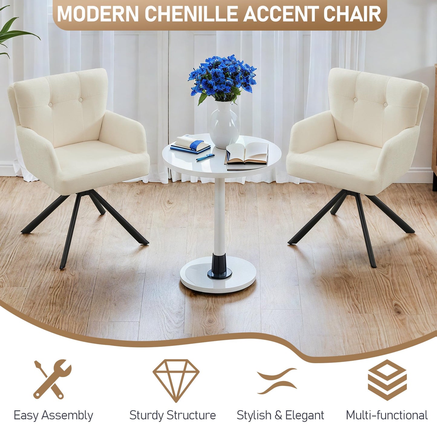 WUTUTUEE Fabric Dining Chair Modern Upholstered Swivel Dining Room Chairs Comfy Accent Armchair with Mid Back, Desk Arm Chair No Wheels for Kitchen/Living Room/Home Office, White