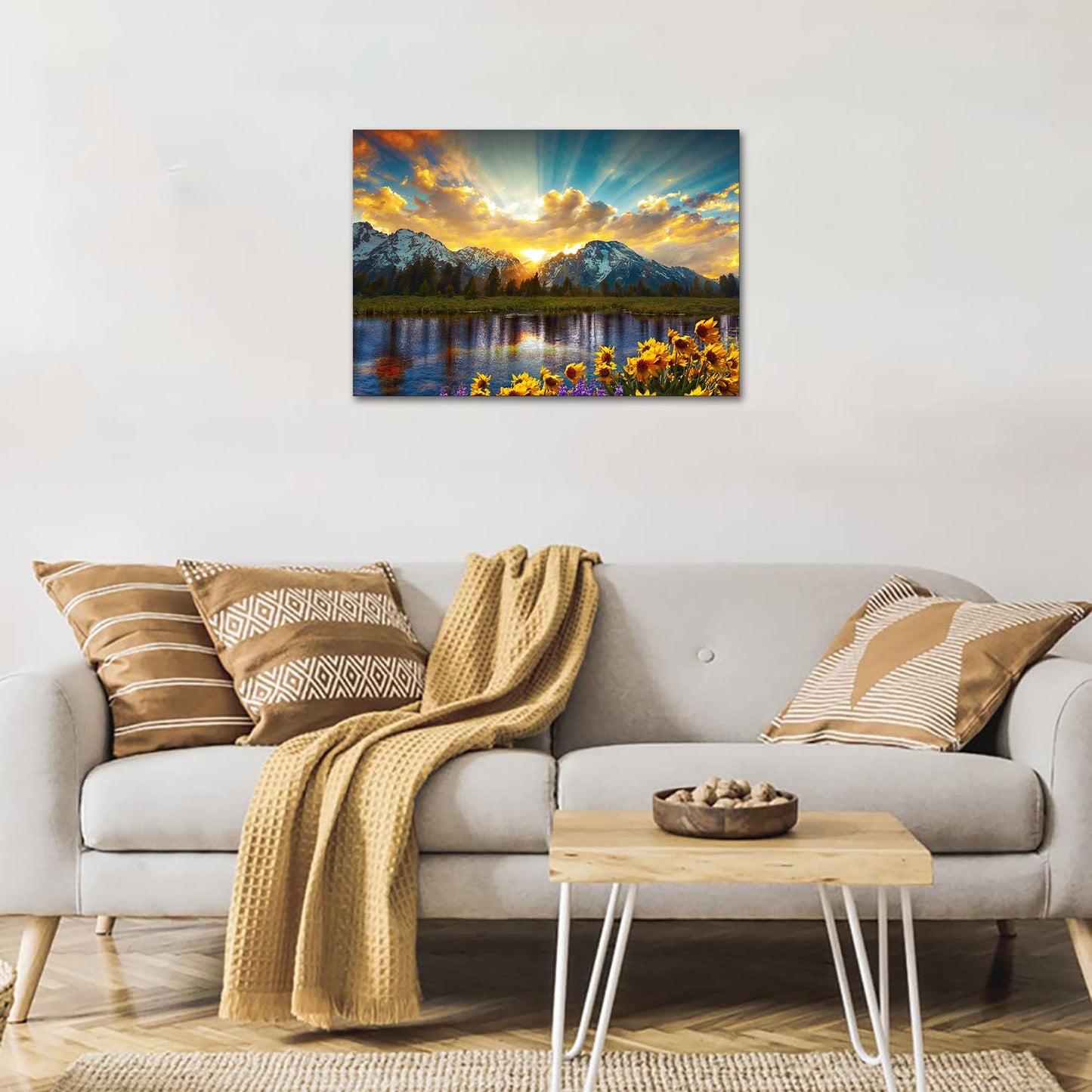 SKASNFAI Grand Teton National Park Wall Art Sunflower Landscape Canvas Mountain Artwork Landscape Print for Living Room Framed (24x36 inch)