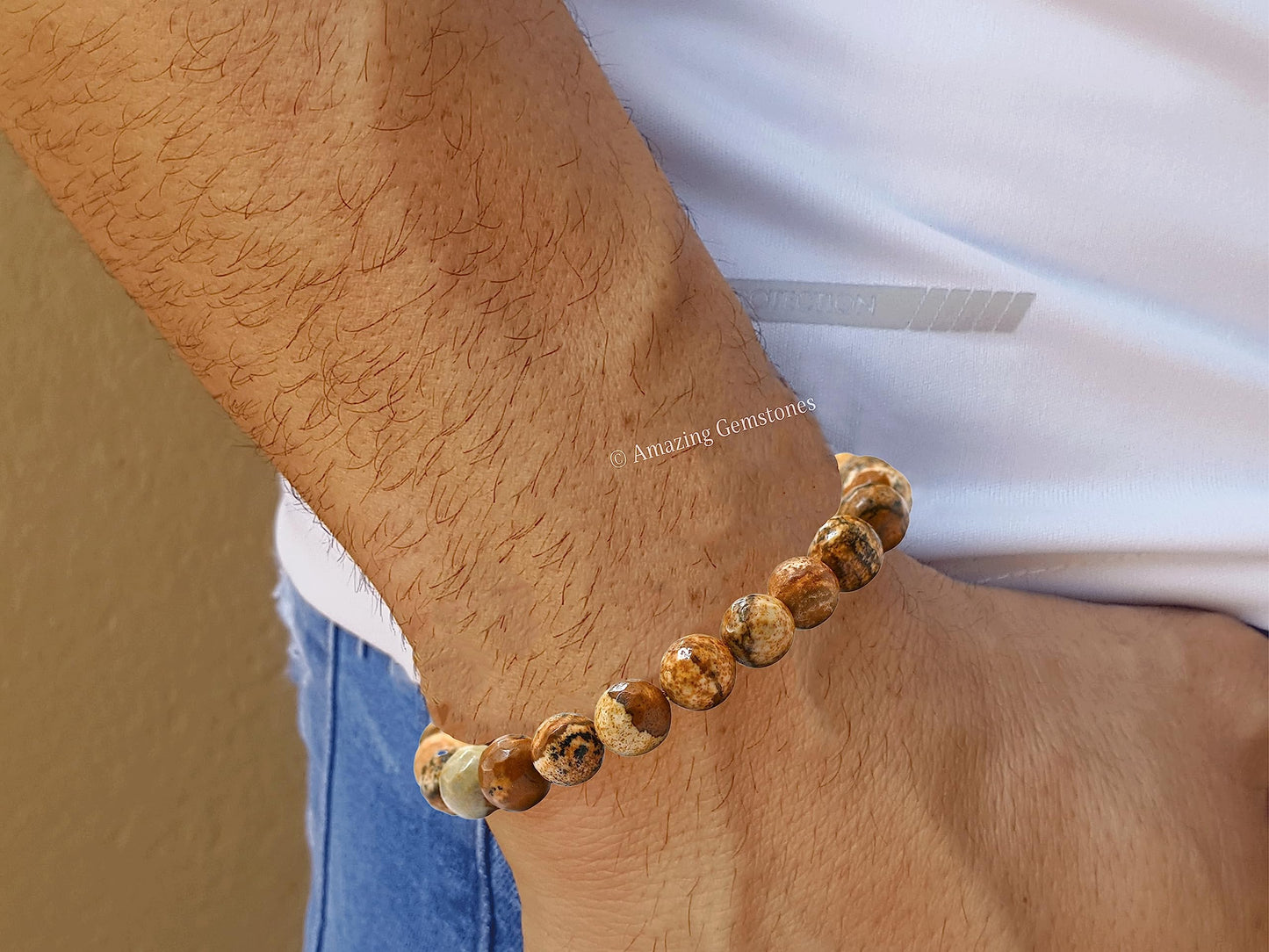 Amazing Gemstone Picture Jasper Bracelet for Women - Chakra Mens Bracelet Protection Crystals and Healing Stones - Blessing Bracelet Spiritual Meditation Gift (Faceted Beaded Bracelet, Adjustable)