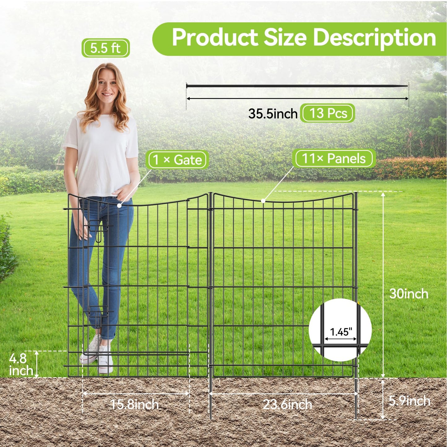 INJOPEXI Garden Fence 12 Panels 23.6ft (L)×30in (H) Decorative Metal Fences with 11 Panels + 1 Gate, No Dig Animal Barrier Fencing Rustproof Wire Temporary Rabbit Dog Fence Border for Outdoor Yard